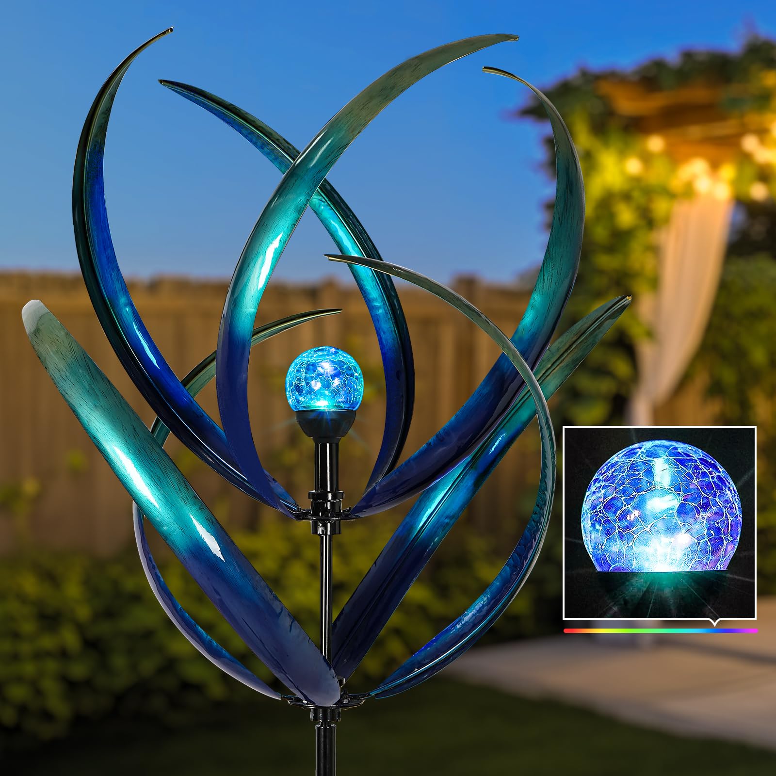 82'' Solar-Powered Metal Wind Spinner - Peacock Blue Outdoor Yard Art for Garden, Lawn & Patio Decor | Weather-Resistant Wind Sculpture with LED Lights | Unique Gift for Family & Friends | Perfect for Backyard, Front Yard & Outdoor Parties