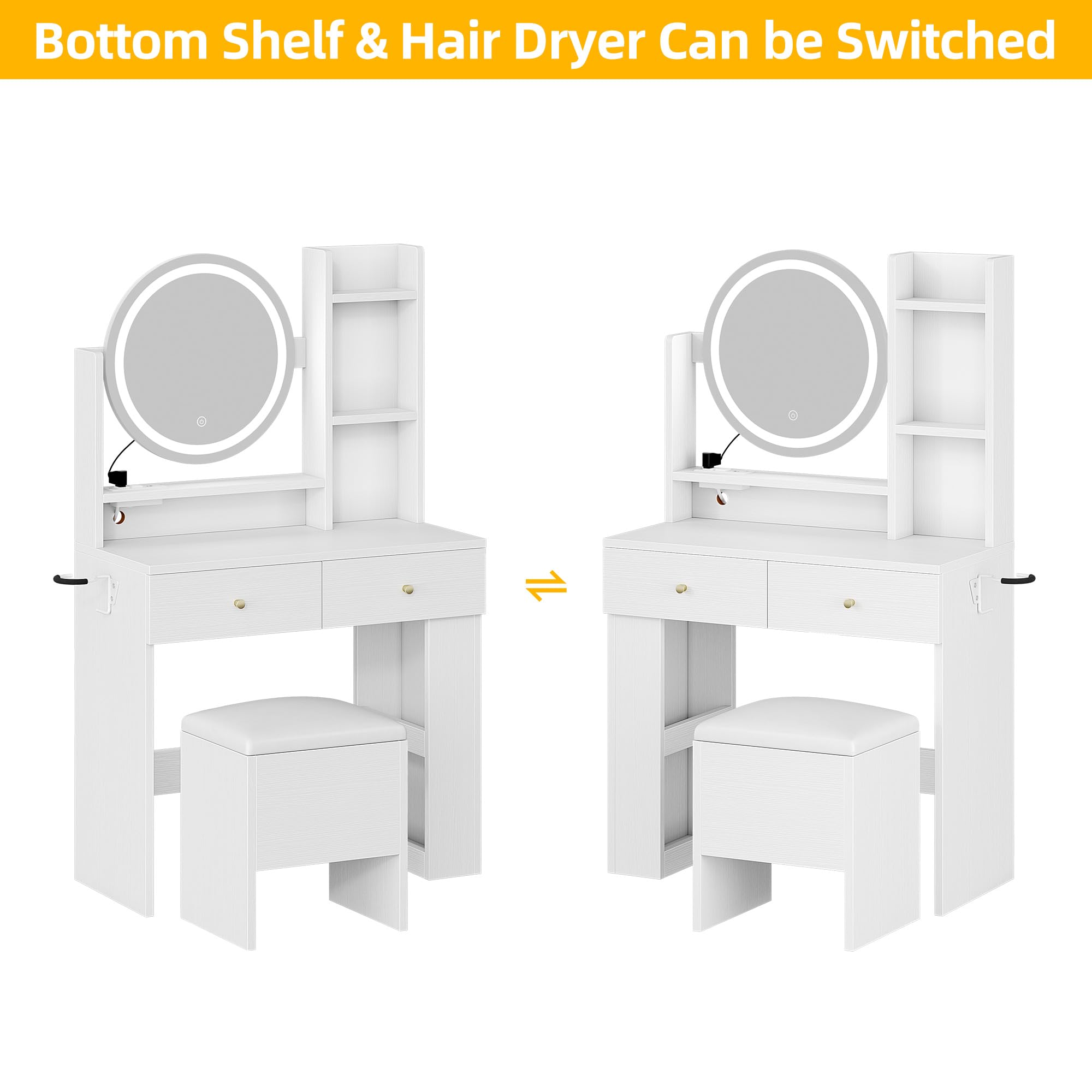 DWVO Vanity Desk with Mirror and LED Lights - Makeup Vanity Table Set with Power Outlets, Stool & 3 Lighting Modes - White Dressing Table with 3 Drawers & Storage Shelves for Bedroom - Perfect for Makeup Application, Skincare Routine & Home Decor
