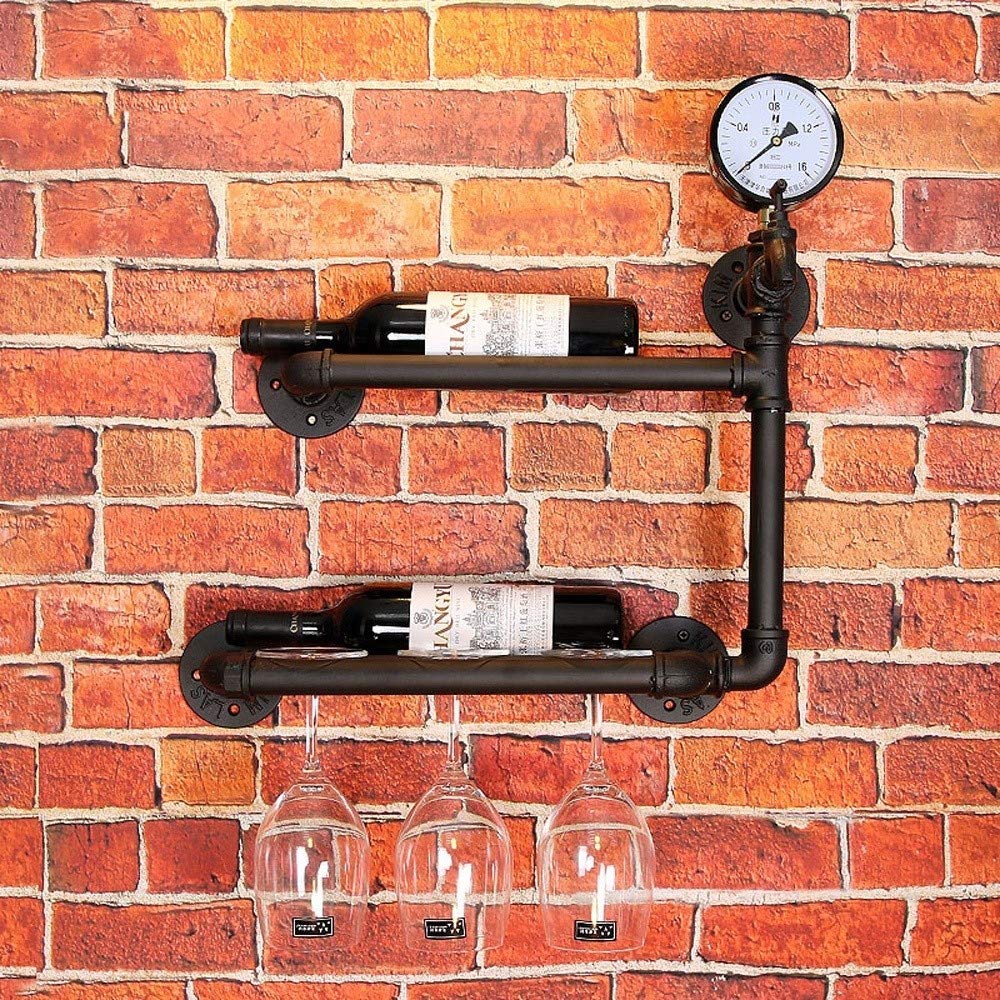 Vintage Industrial Metal Wine Rack - Wall Mounted 2-Bottle Holder with Glass Storage | Floating Shelf for Wine Display & Organizer | Perfect for Kitchen, Bar, Dining Room Decor