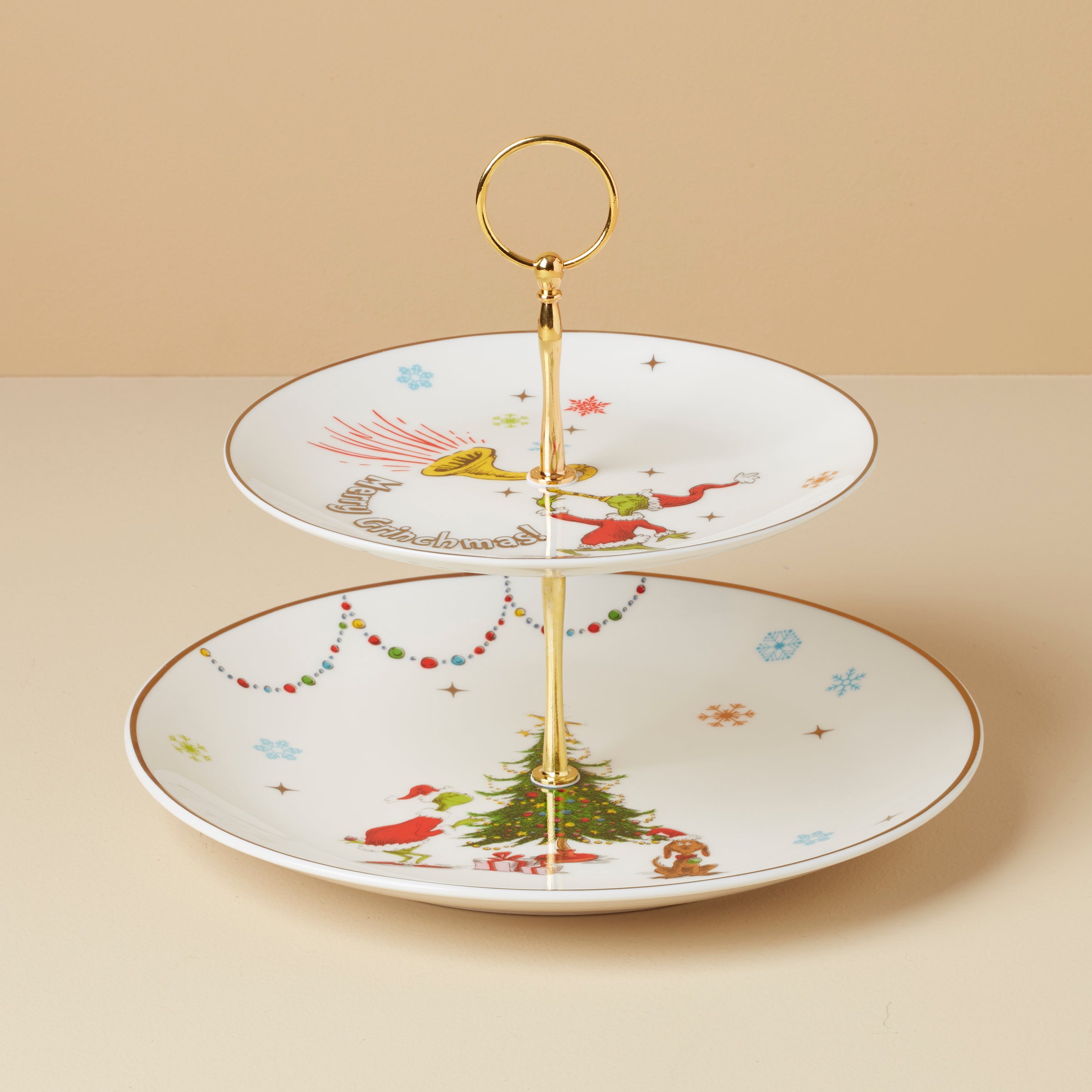 Merry Grinchmas 2-Tier Serving Tray - Christmas Party Appetizer Platter for Holiday Entertaining & Festive Decor