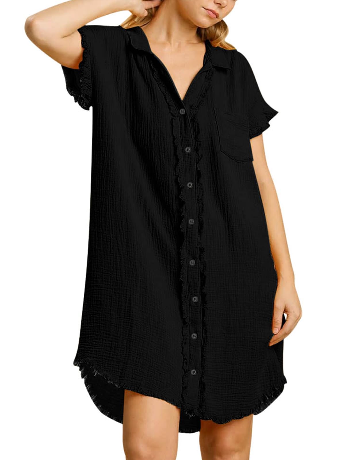 Women's Oversized Cotton Button Down Shirt - Short Sleeve Tunic Dress with Pockets | Beach Cover Up, Casual Blouse Top for Summer Outings & Vacation Wear