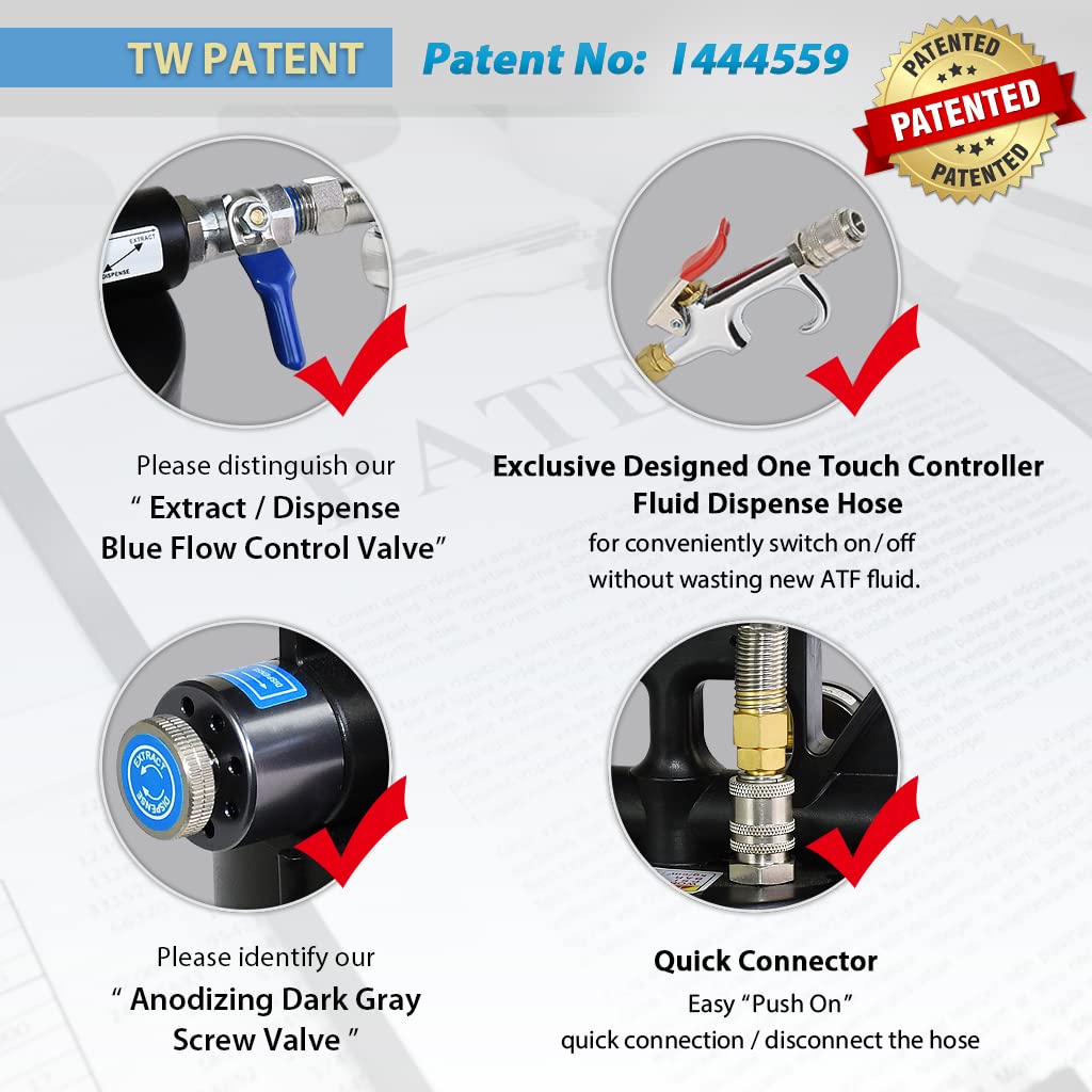 FIRSTINFO Patented 10L 22-Piece ATF Filler Adapter Kit with Pneumatic Transmission Fluid Pump - Includes Hanging Hook, 360° Swivel Air Inlet & Spring Hose - Perfect for Auto Repair Shops & DIY Transmission Fluid Changes