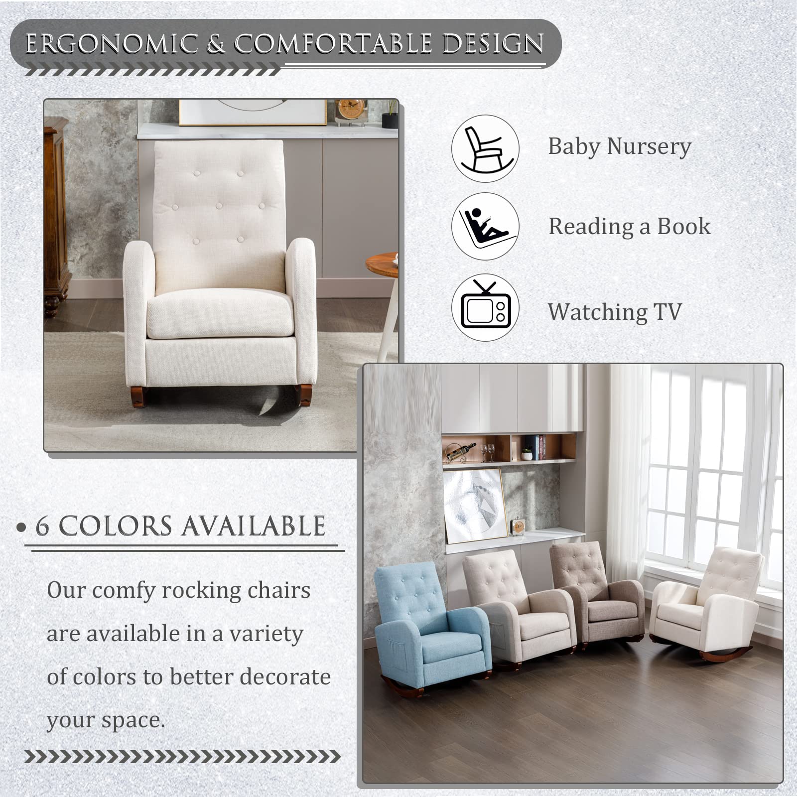 Comfy Padded Rocking Chair with Storage Pocket - High Back Solid Wood Nursery Rocker, Modern Accent Armchair for Living Room & Baby Nursery (Beige with Button Decor) - Perfect for Nursing, Reading & Relaxing