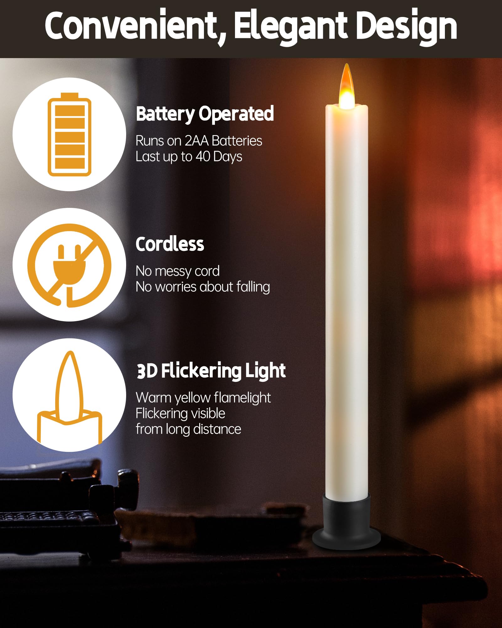 Da by LED Flameless Cone Candles with Remote Timer - 9.6 Inch Ivory Battery Powered Candlesticks - Realistic 3D Flickering False Flame Window Candles (Set of 3) - Perfect for Home Decor, Wedding Centerpieces & Holiday Ambiance