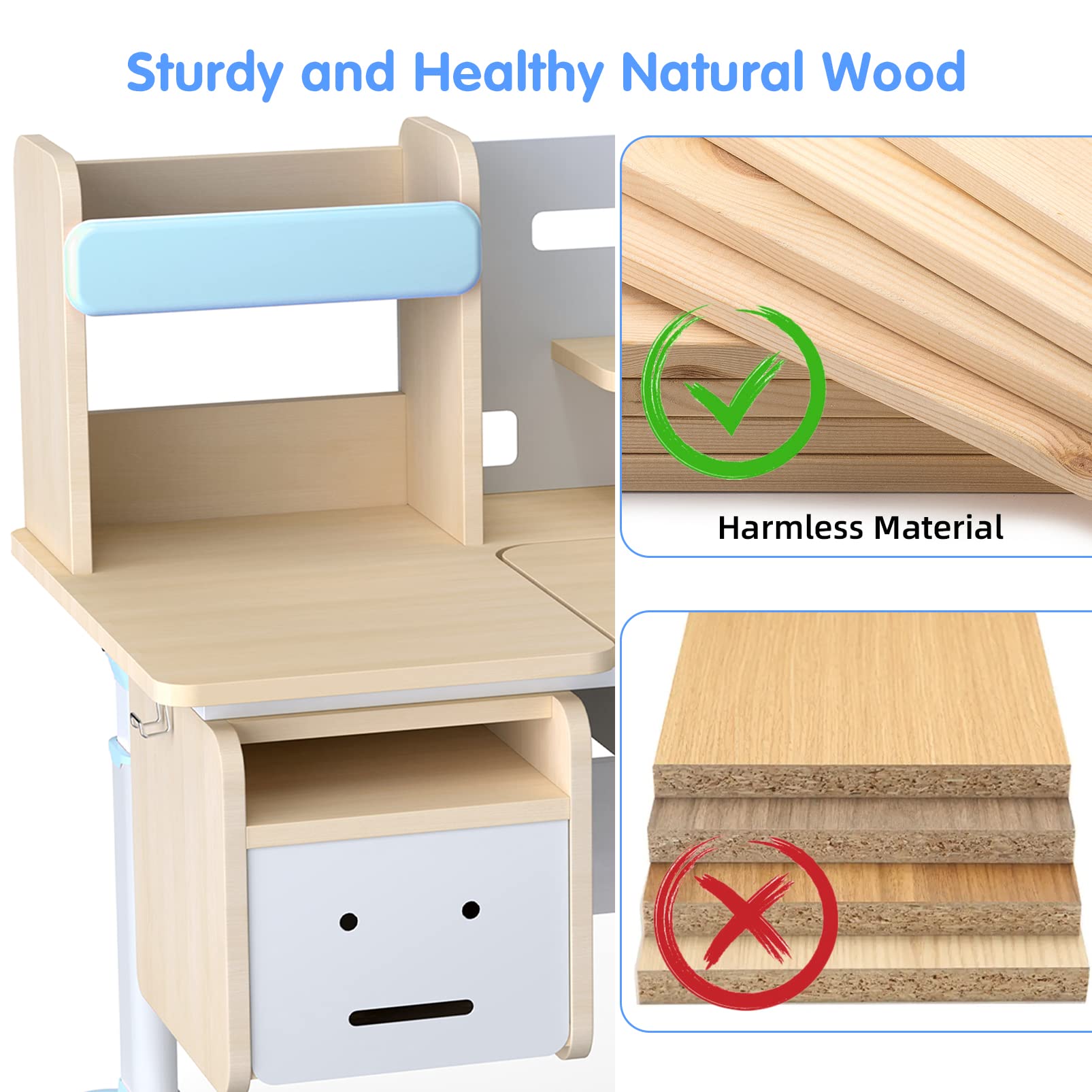 Adjustable Height Kids Study Desk with Chair - Blue Wooden Drafting Table, Computer Workstation & Built-in Bookshelf Hutch - Multi-Functional Learning Furniture for Home, School & Office Use