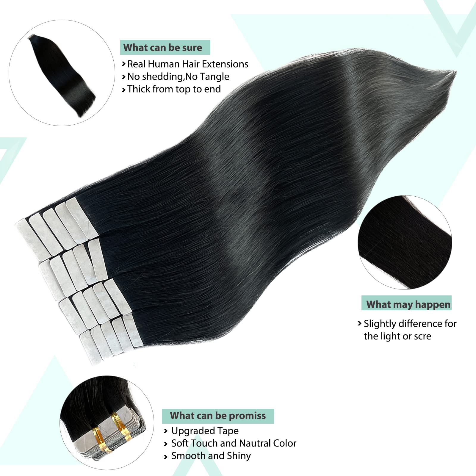 20-Piece Jet Black Tape-In Human Hair Extensions – 12 Inch, 50g, Invisible & Natural Look for Styling & Volume | Perfect for Parties, Weddings & Everyday Wear