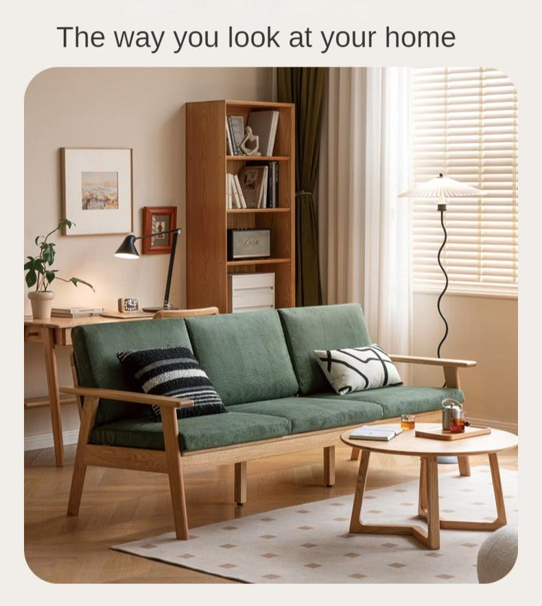 Japanese Style 3-Seater Fabric Sofa - Solid Oak & Pine Wood Frame - Perfect for Living Room, Lounge, or Zen Home Decor