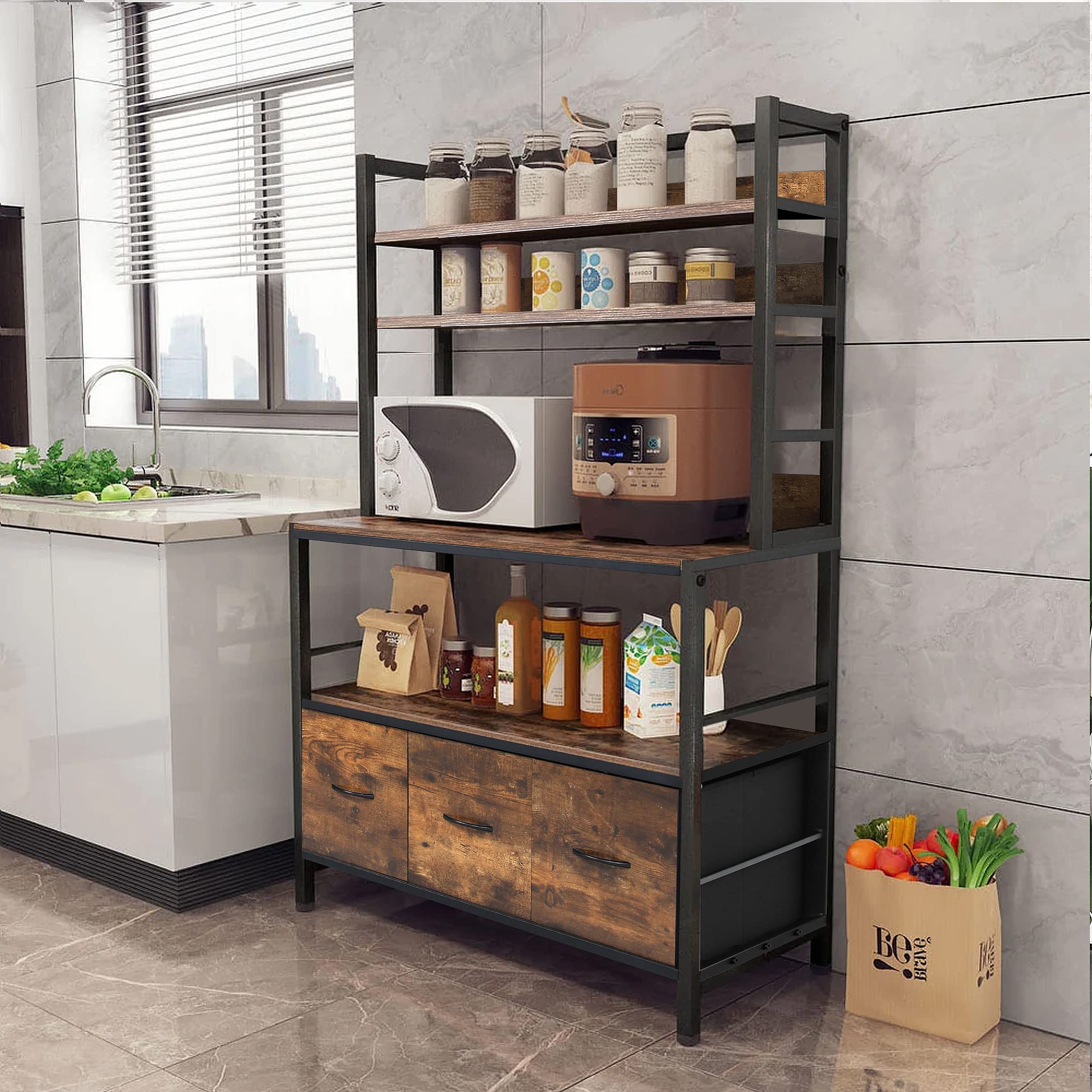 5-Tier Metal Kitchen Bakers Rack with Storage Baskets & Hooks - Free Standing Storage Shelf for Microwave Oven, Spice Jars & Cookware - Perfect for Small Kitchen Organization & Pantry Storage