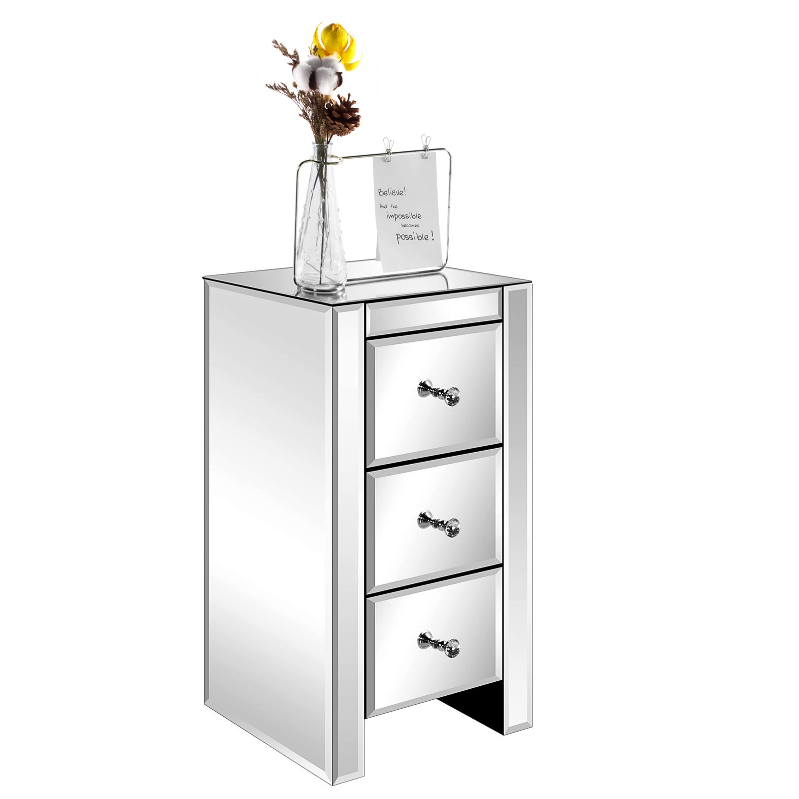 Mirrored Nightstand with 3 Drawers - Silver End Table with Crystal Handles for Bedroom & Living Room | Modern Accent Table for Bedside, Sofa Side, or Vanity Use