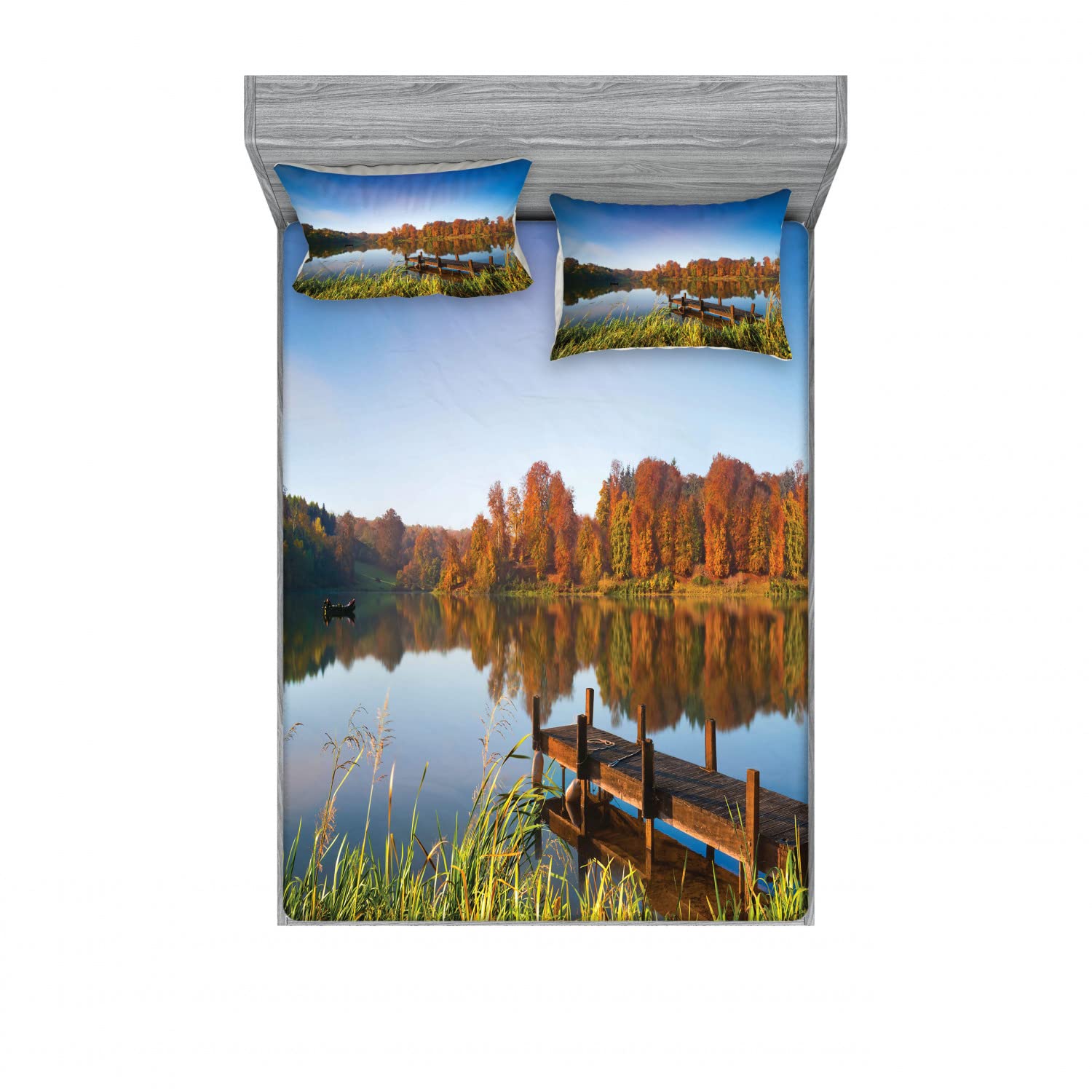 Ambesonne 2-Pack King Size Fitted Sheet Set with 4 Pillow Shams - Lake Fishing Scenery Design, 4-Piece Bedding Collection for Cozy Cabin Retreats & Nature-Inspired Bedroom Decor