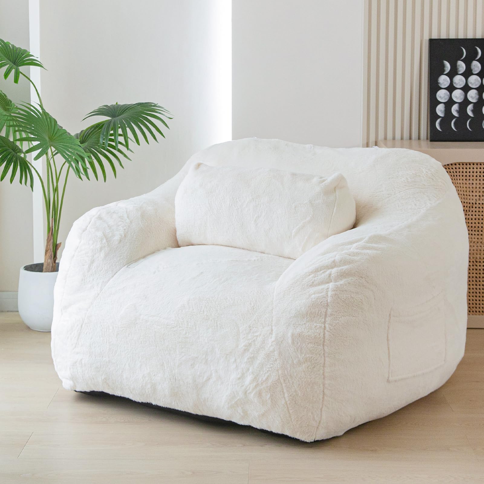 MAXYOYO Giant Faux Fur Bean Bag Chair for Adults - Extra Large Fluffy & Comfy Sofa with Pillow & Filler - Perfect for Reading, Gaming, Lounging & Relaxing - Beige Home Decor