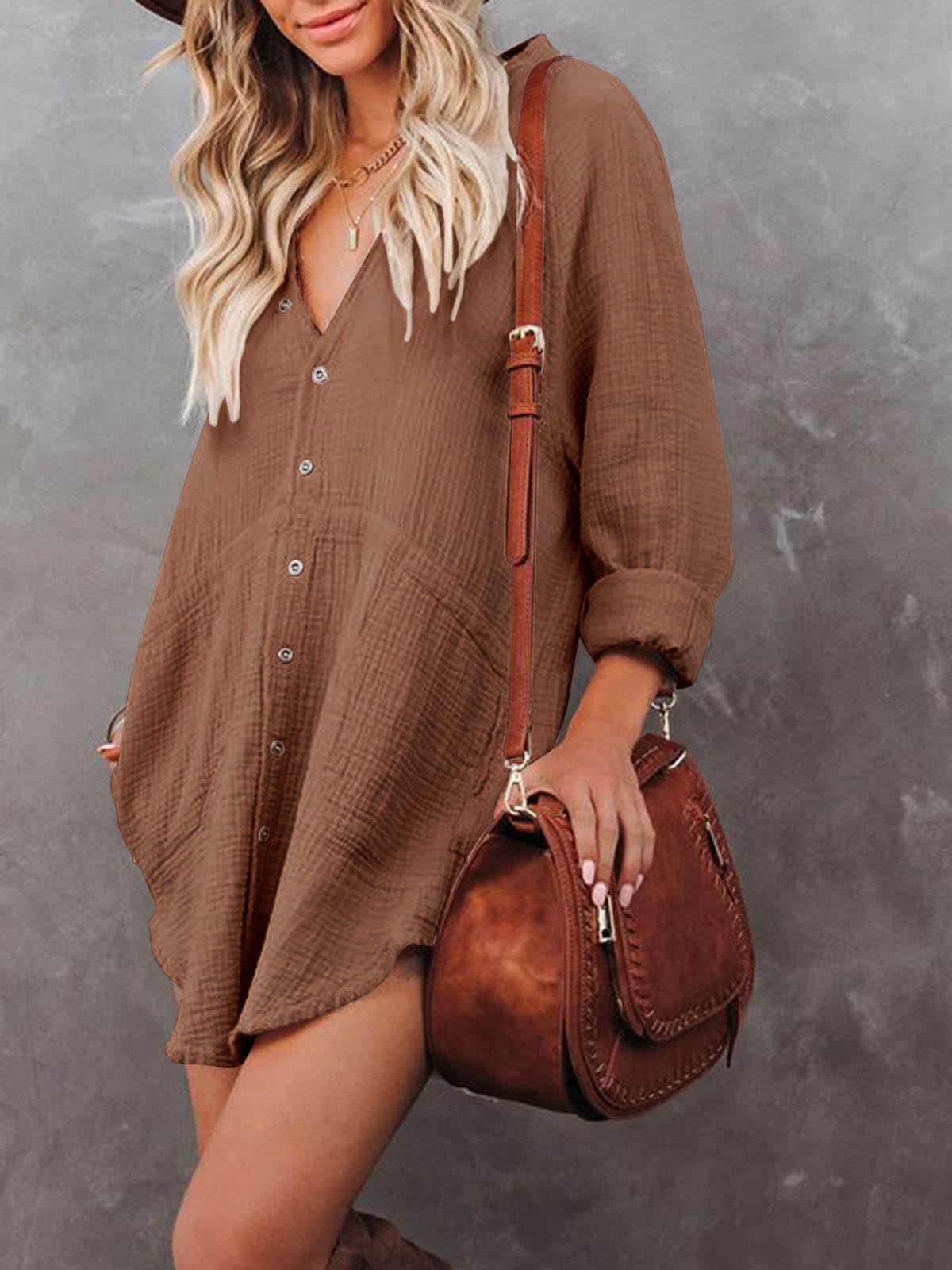 Women's Summer Long Sleeve Beach Cover Up Dress - Casual Button Down Oversized Tunic with Pockets | Perfect for Beach, Pool, Vacation & Casual Outings