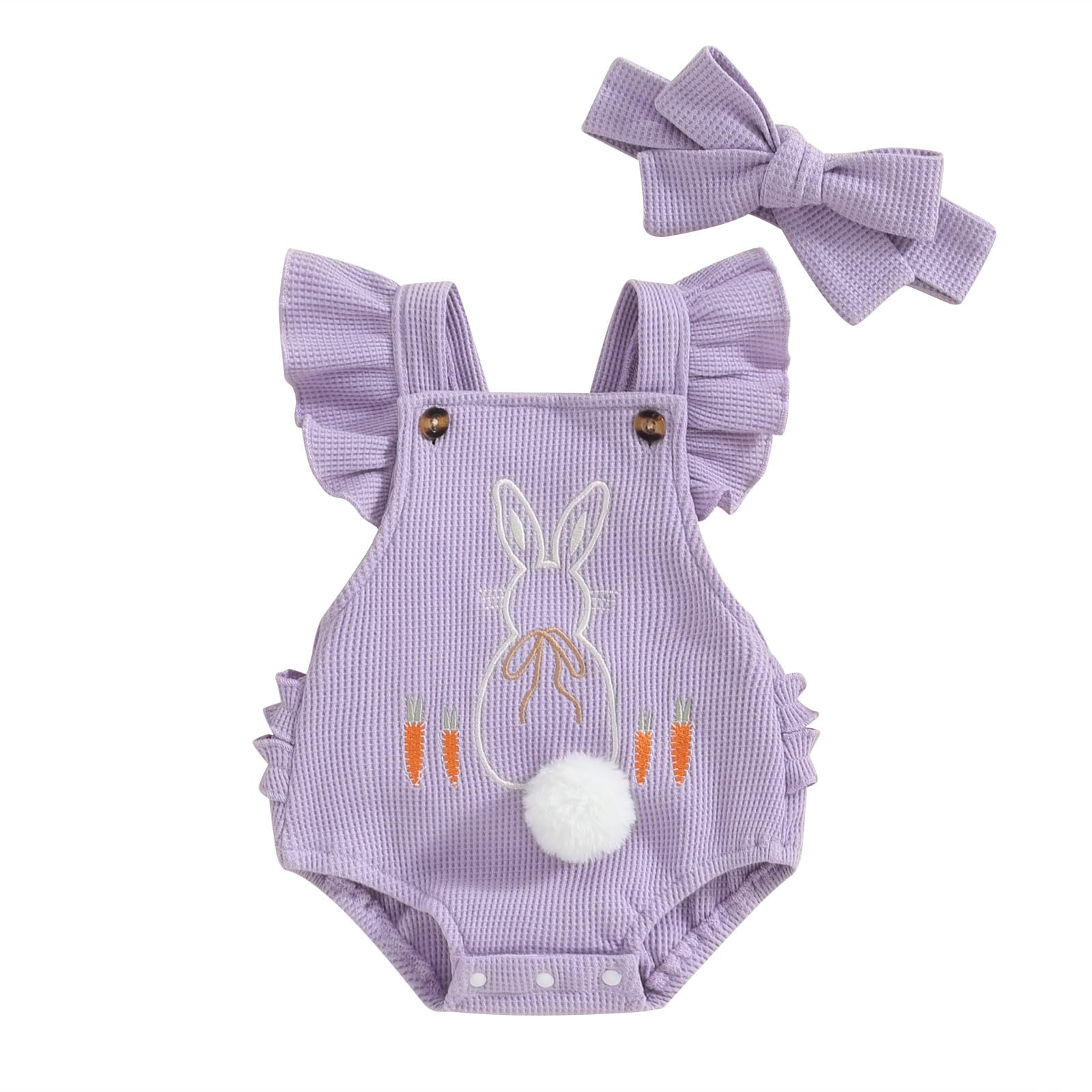 Easter Baby Girl Romper Outfit - Bunny & Carrot Embroidery Ruffle Sleeve Clothes with Headband | Newborn Spring Photoshoot & Holiday Celebration Outfit
