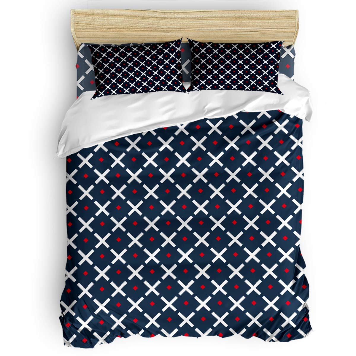 PartyShow 4-Piece Full Size Bedding Set - White with Red Diamond Pattern Comforter, Fitted Sheet, Flat Sheet & 2 Pillowcases for Kids' Bedroom Decor (Girls/Boys) - Soft & Cozy Bed Sheets for Sleepovers, Dorm Rooms or Guest Bedrooms