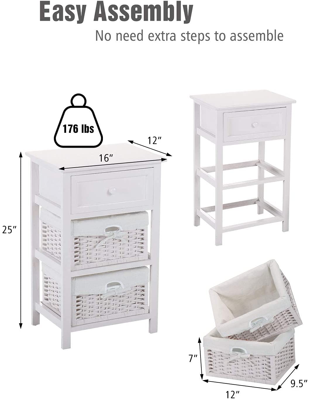 2-Tier Wooden Nightstand Set of 2 with Drawer & Storage Baskets - White Bedside Table for Small Spaces, Bedroom, Living Room | Compact End Table for Apartment, Dorm, Guest Room