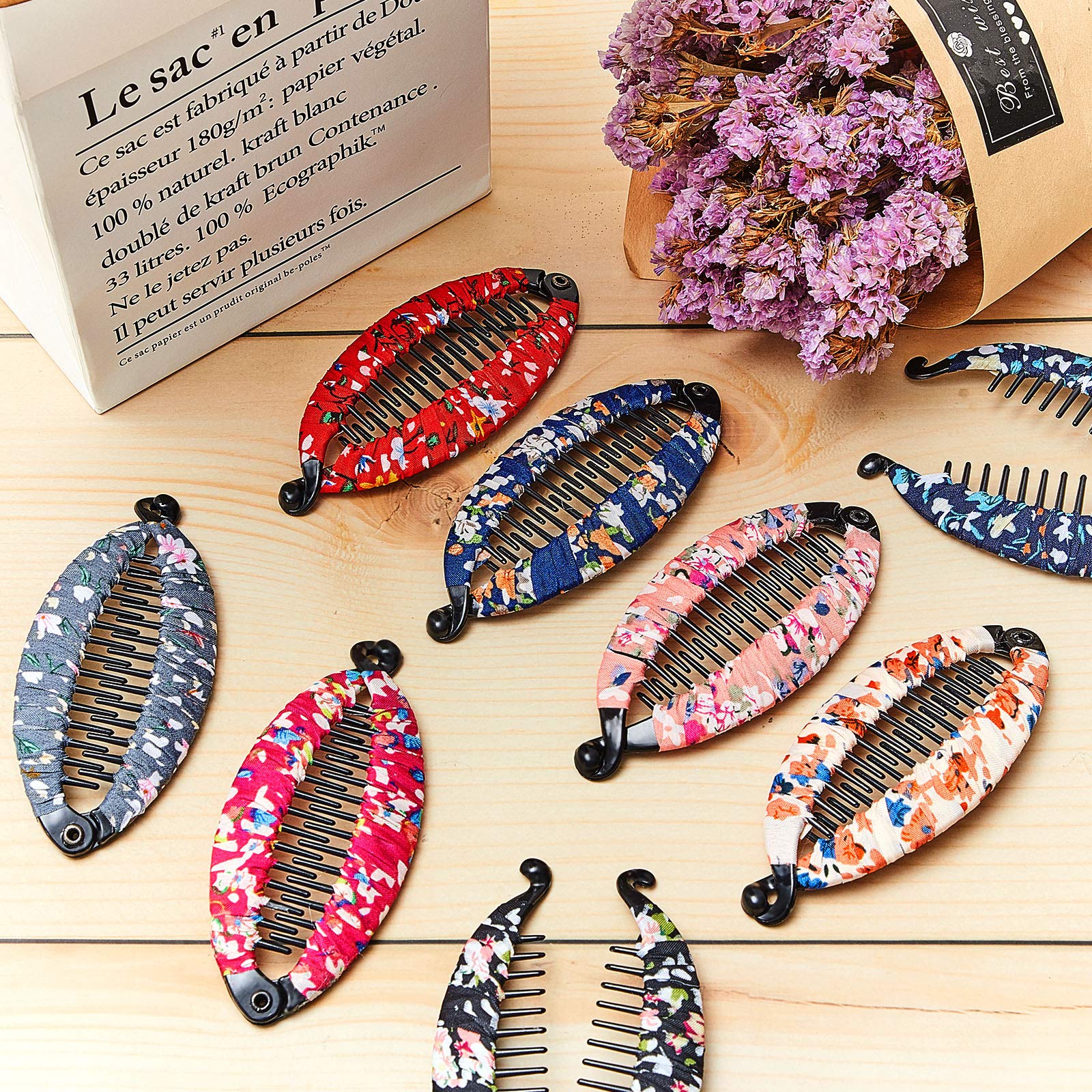 9-Piece Bohemian Floral Banana Hair Clips for Women & Girls - Fish Shape Hair Claws with Wrapped Fabric - 4.3 x 2 Inch Hair Accessories for Party, Wedding, and Everyday Style