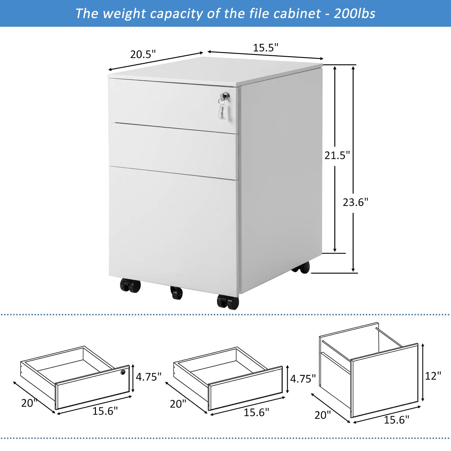 3-Drawer Locking Metal File Cabinet - Mobile Storage for Legal, Letter, A4 & F4 Documents - Fully Assembled Home Office Filing Cabinet (Wheels Not Included) | Perfect for Office Organization & Document Storage