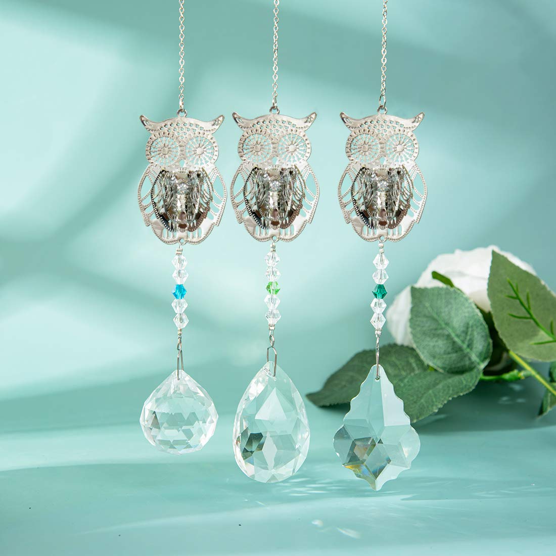 Premium Set of 3 Crystal Ball Prisms - Sun Catcher Hanging Ornament & Rainbow Maker for Windows, Home Decor - Owl Garden Decoration - Perfect for Living Room, Bedroom & Outdoor Spaces (Longsheng Since 2001)