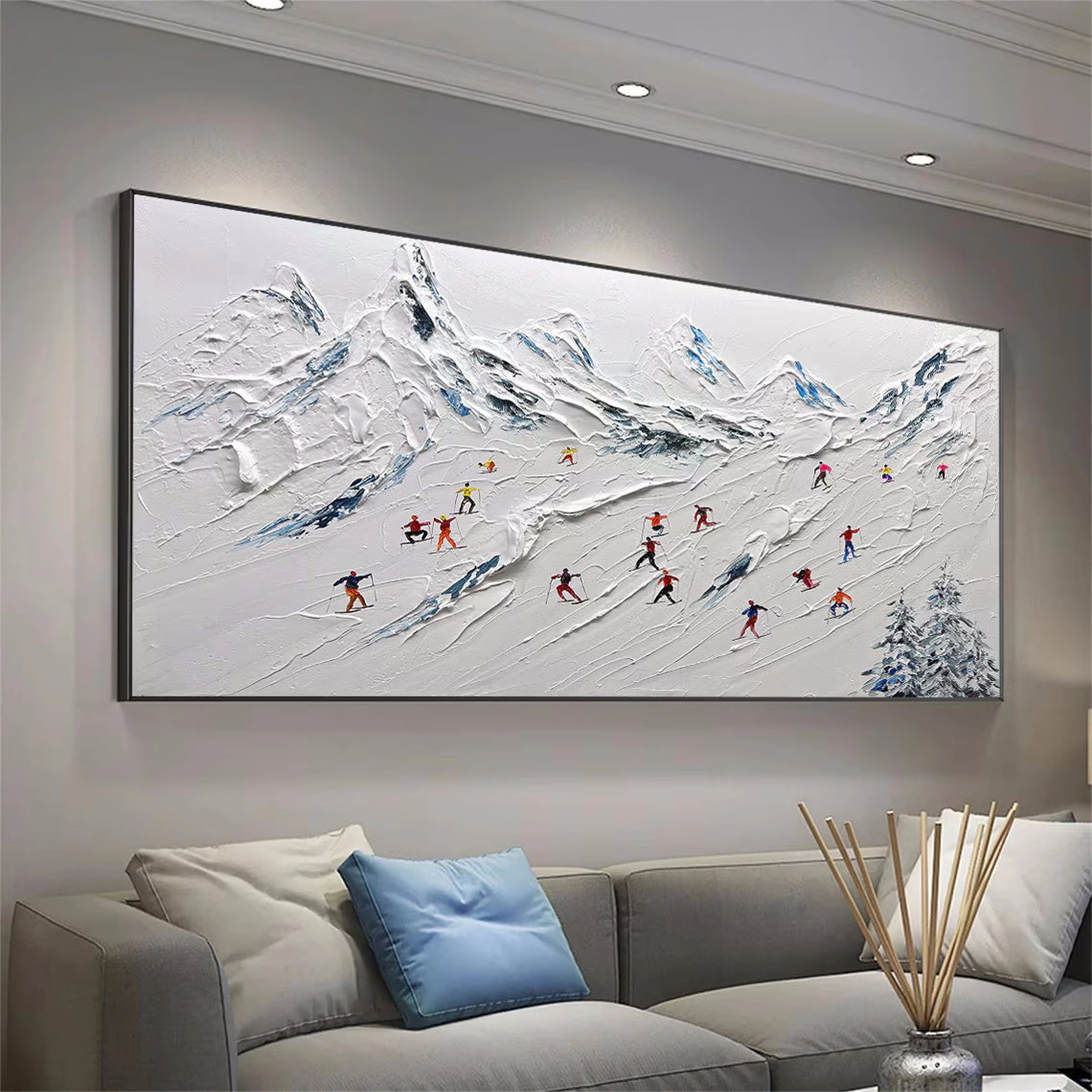 Premium Skiing Sport Art Textured Painting Canvas Wall Decor - Winter Sports Theme Home & Office Decoration (Style #MM115) | Perfect for Living Room, Bedroom, Ski Lodge & Cabin Decor