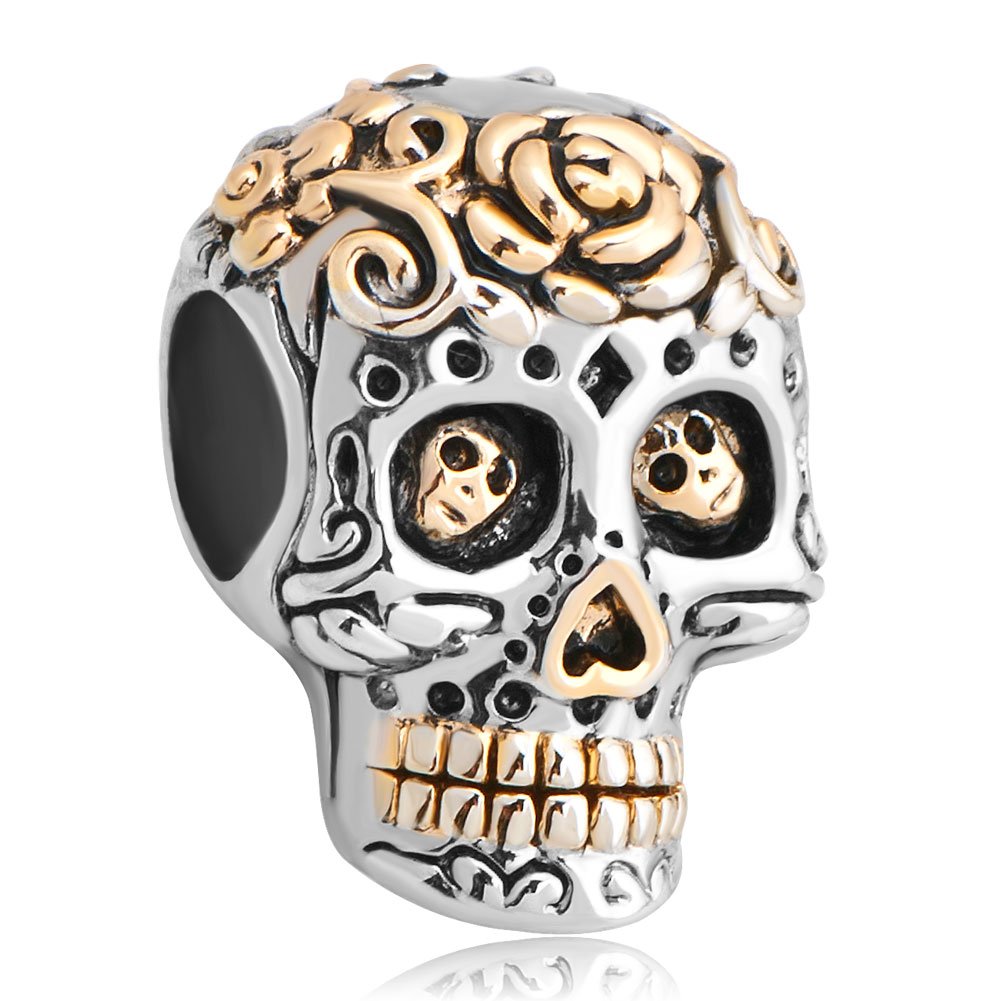 LuckyJewelry Skull Cross Silver Plated Dia De Los Muertos Beads - Gothic Charm Beads for Pandora Bracelet - Perfect for Halloween, Day of the Dead Celebrations & Gothic Jewelry Collection