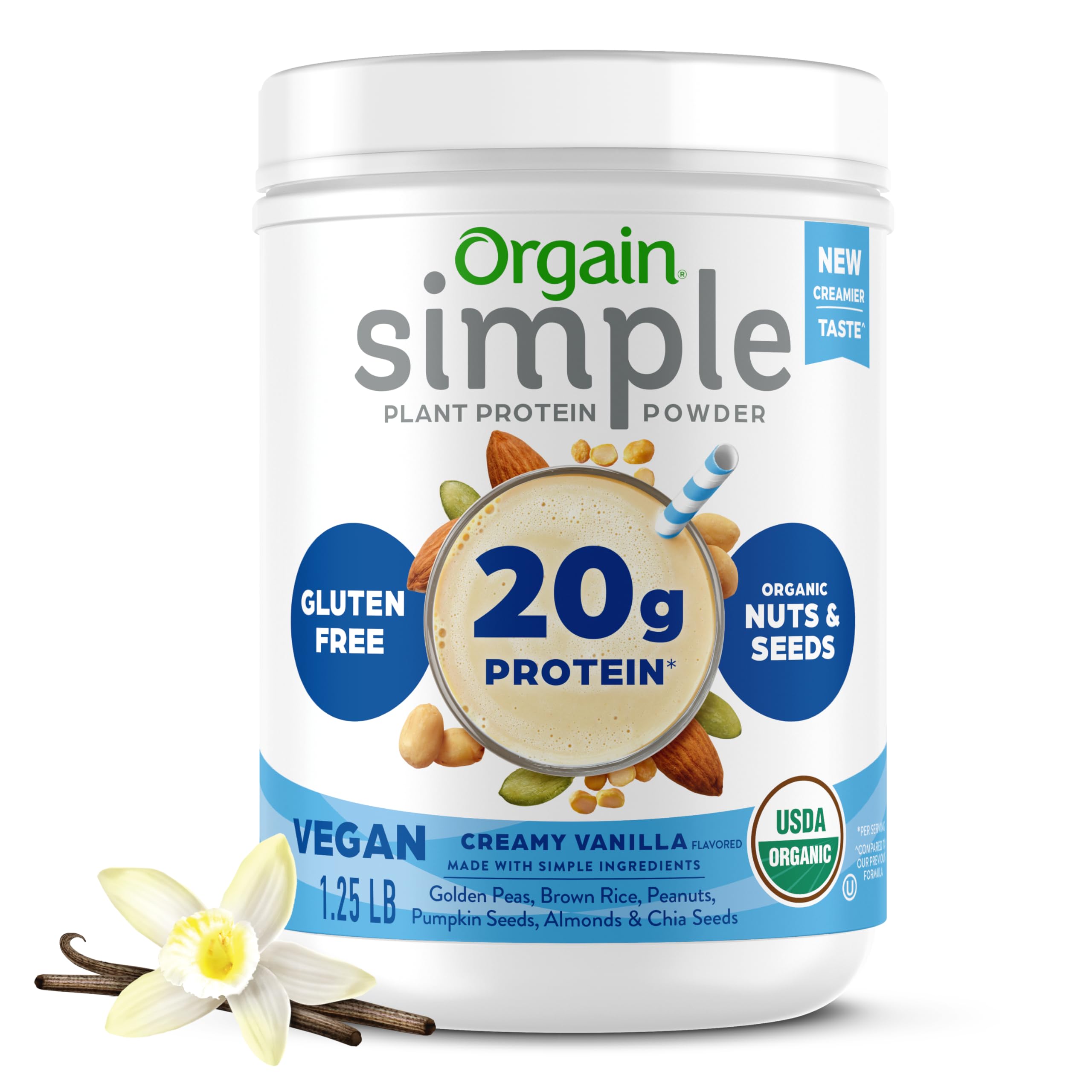 Orgain Organic Simple Vegan Protein Powder, Vanilla - 20g Plant Based Protein Powder for Smoothies & Baking, Gluten Free, Dairy Free, No Artificial Sweeteners, 1.25 lb (Pack of 1) - Perfect for Post-Workout Recovery & Healthy Breakfast Shakes