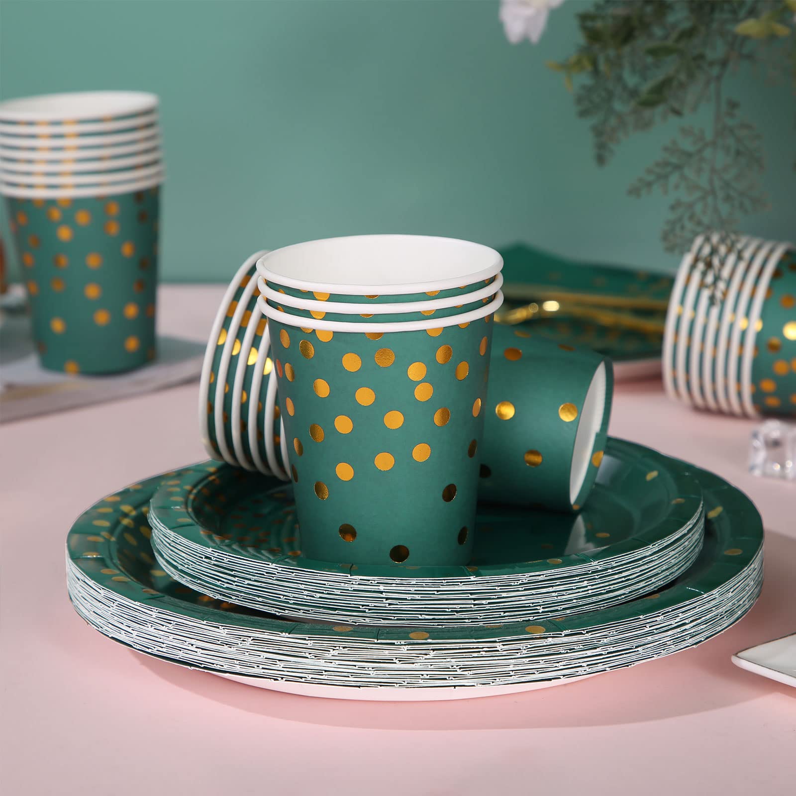 200Pcs Emerald Green & Gold Party Plates and Napkins Set - Elegant Birthday, Father's Day, Graduation Party Supplies for Weddings, Baby Showers & Holiday Celebrations