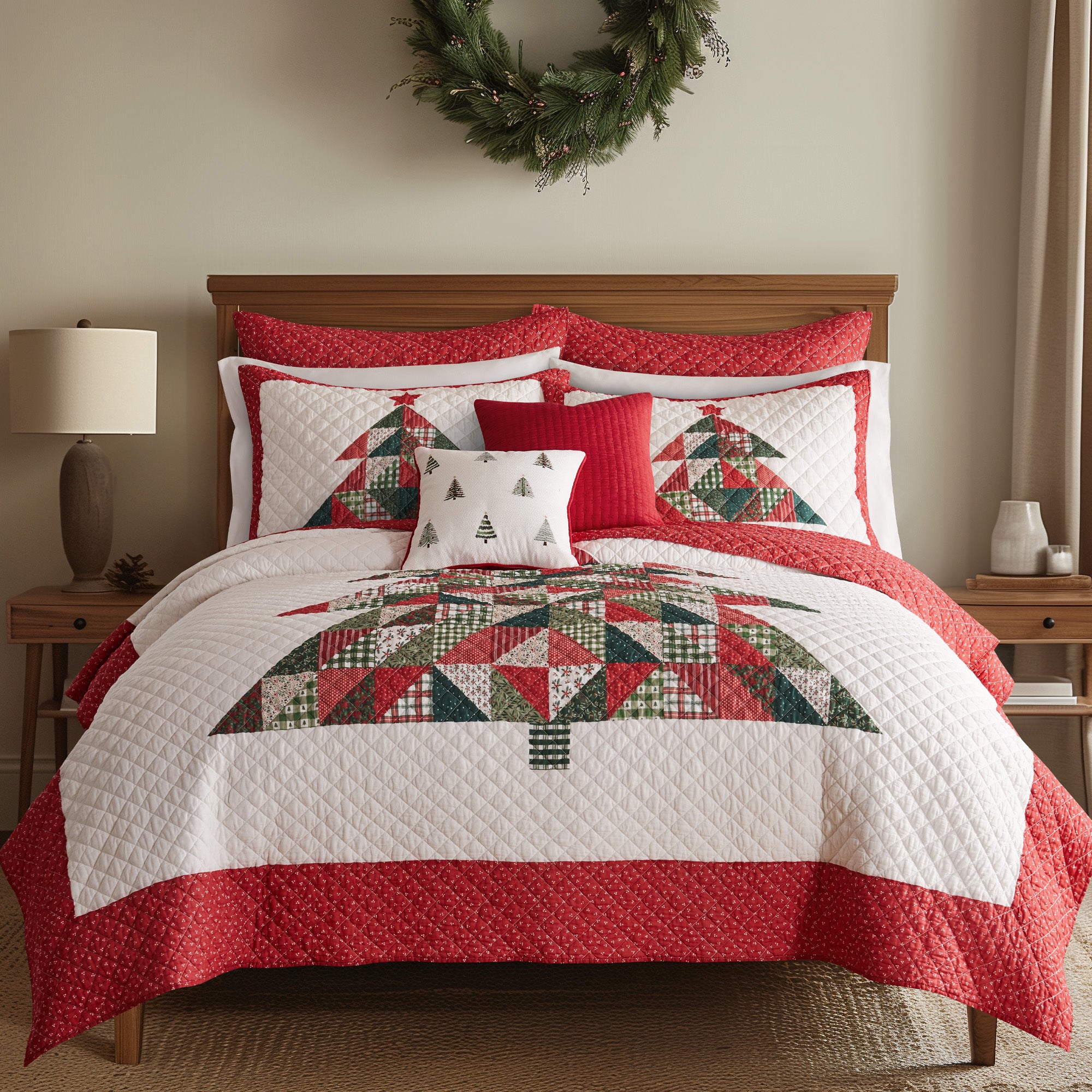 Patchwork Pine Quilt Set - Soft Cotton Bedding with Unique Pine Needle Design - Perfect for Cozy Winter Nights & Farmhouse Bedroom Decor