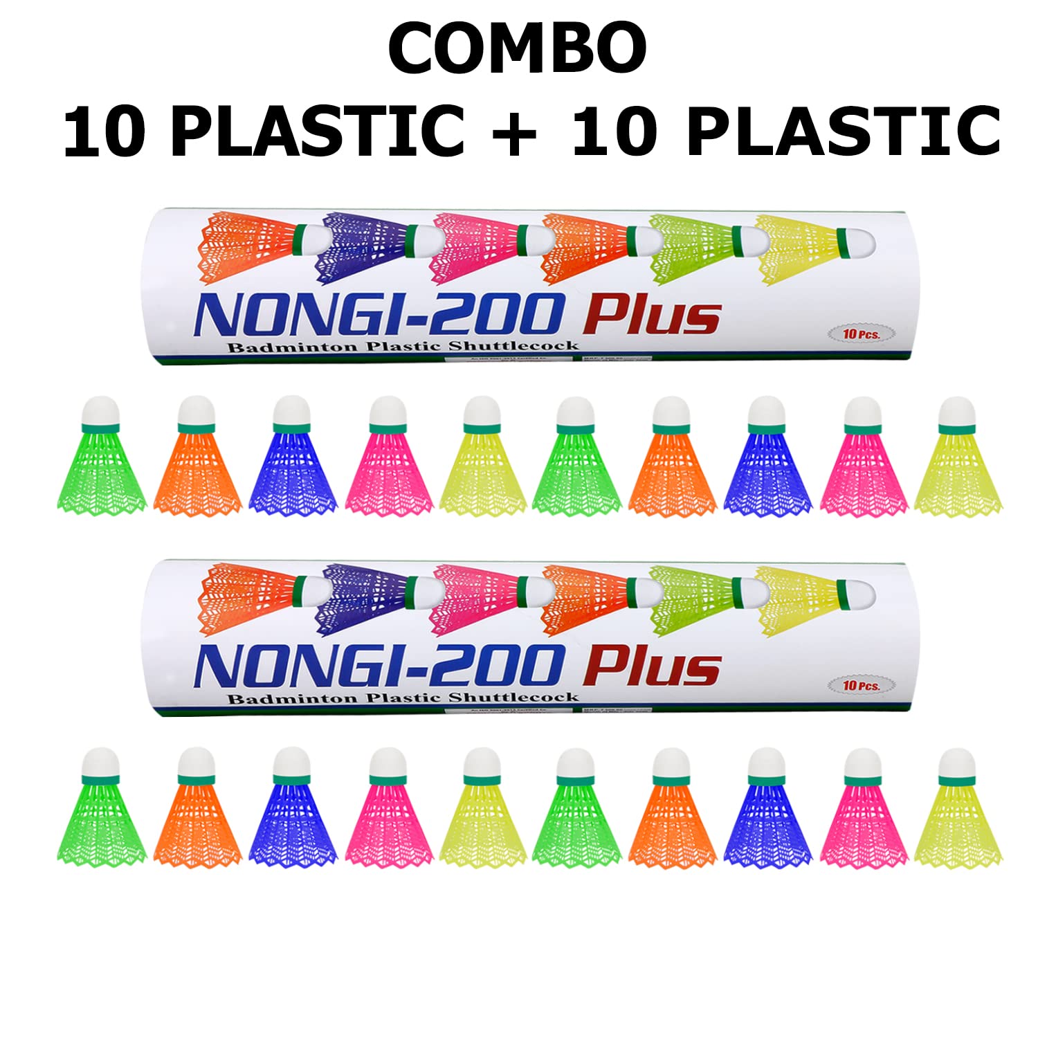 NONGI Plus Plastic Badminton Shuttlecocks - Pack of 20 (Multi-Color) | Durable Training & Recreational Shuttlecocks for Indoor/Outdoor Play