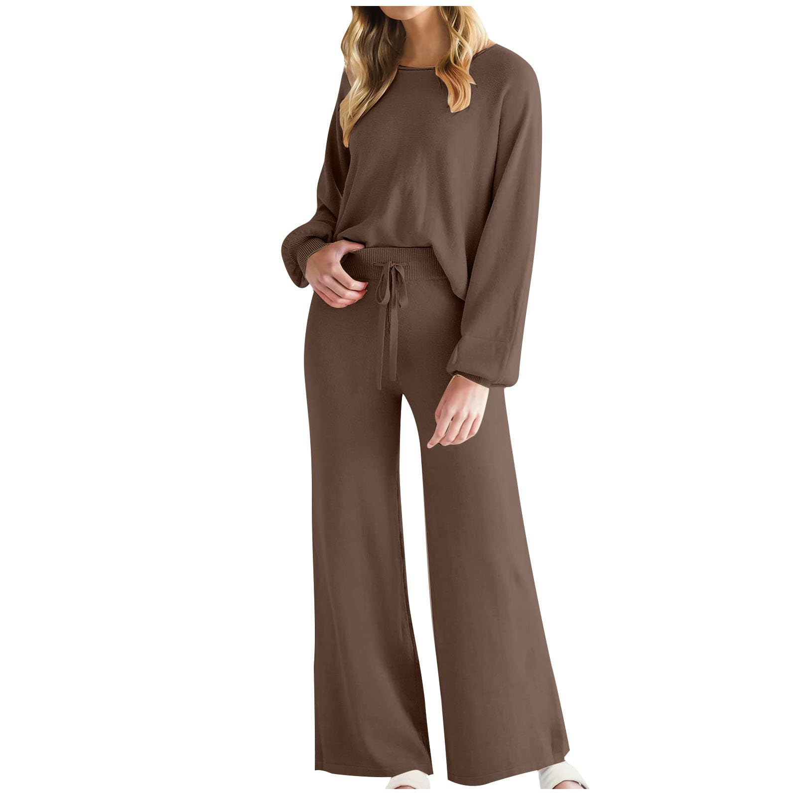 Women's Two Piece Outfits - Autumn Casual Loose Tracksuit Set with Round Neck Long Sleeve Top & Drawstring Wide Leg Pants | Trendy Lounge Wear for Home, Workout, and Daily Comfort