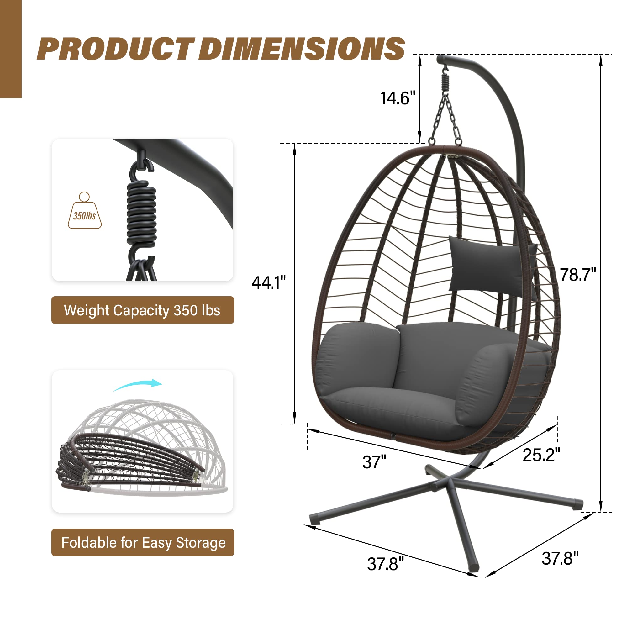 ALAULM Egg Swing Chair - Indoor/Outdoor Wicker Rattan Hanging Chair with Stand, 350lbs Capacity, Sturdy Steel Frame & Gray Cushions - Perfect for Patio, Balcony, Bedroom, Garden & Relaxation Spaces