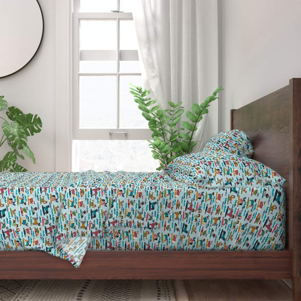 100% Cotton King Size 4-Piece Bed Sheet Set with Surfing Dogs & Tropical Beach Print - Soft Breathable Custom Bedding for Summer, Beach House, or Coastal Themed Bedrooms
