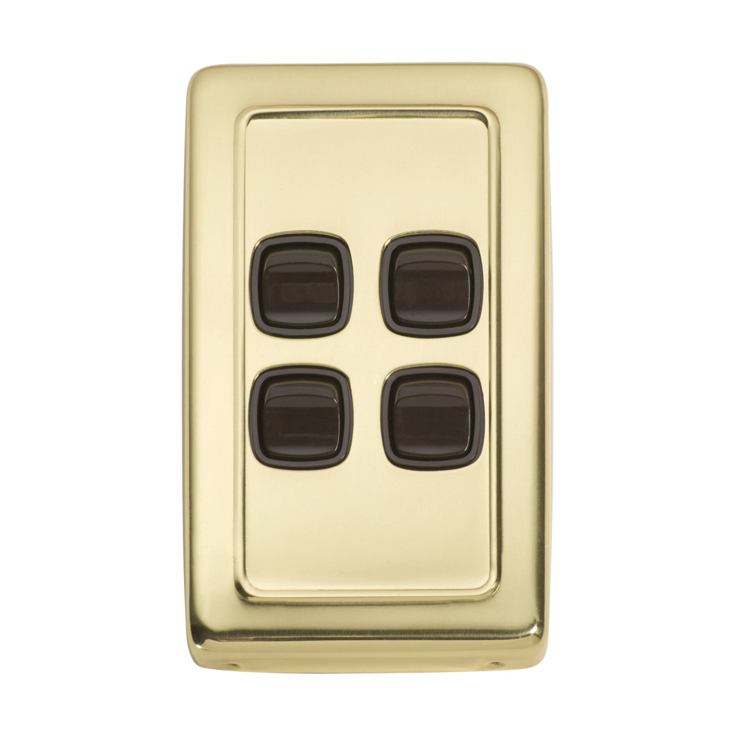 4 Gang Flat Plate Rocker Switch in Polished Brass - 5805 Series (H115xW72mm) - Perfect for Home, Office & Commercial Electrical Installations