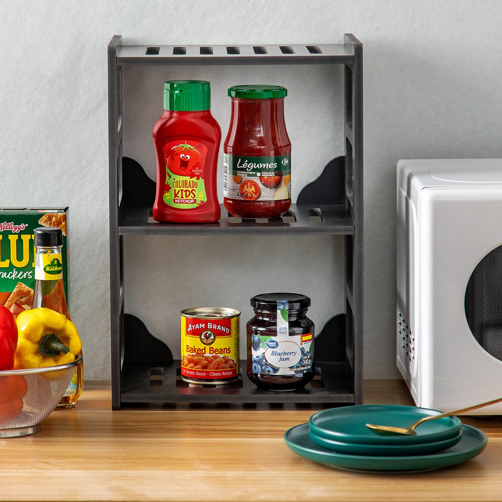 Black Kitchen Countertop Organizer Shelf - Space Saving Counter Storage Solution for Spices, Utensils & Small Appliances - Perfect for Small Kitchens, Pantries & Countertop Organization
