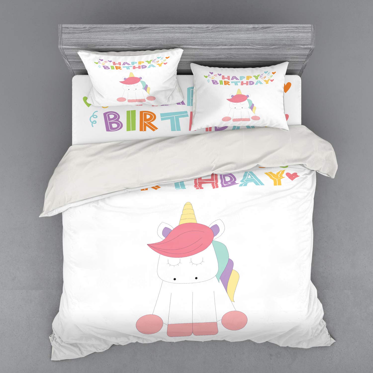 Ambesonne Unicorn Birthday Party Bedding Set - 4 Piece King Size Duvet Cover with Shams & Fitted Sheet, Colorful Doodle Animal Design - Perfect for Kids' Room Decor, Birthday Gifts & Themed Bedroom Makeovers