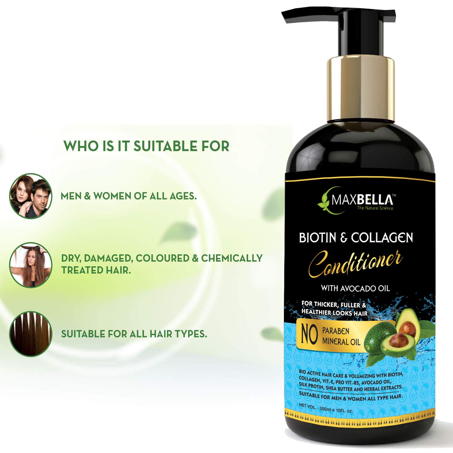MaxBella Biotin & Collagen Hair Conditioner for Men and Women - 300ml Deep Hydration & Repair Treatment for Dry, Damaged Hair - Salon Quality Leave-In Conditioner for Stronger, Shinier Hair at Home