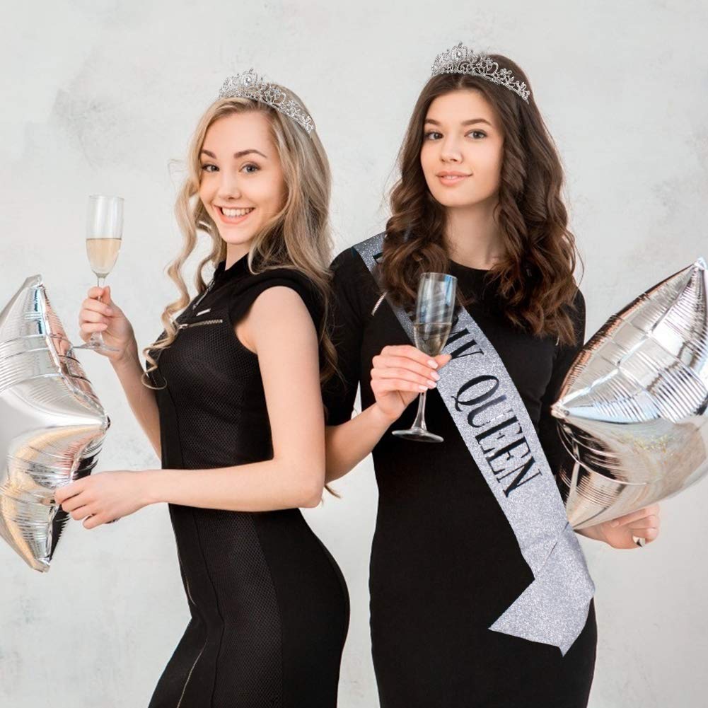 Elegant Silver Crystal Tiara & Birthday Queen Sash Kit for Women - Glitter Princess Crown with Combs for Birthday Parties, Weddings & Special Events | Perfect for Women & Girls Celebrations