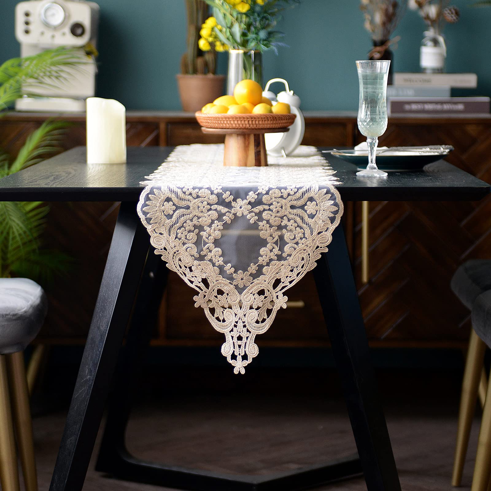 SUTAVIA Embroidered Lace Table Runner for Dining, Wedding & Home Decor (Gold, 12