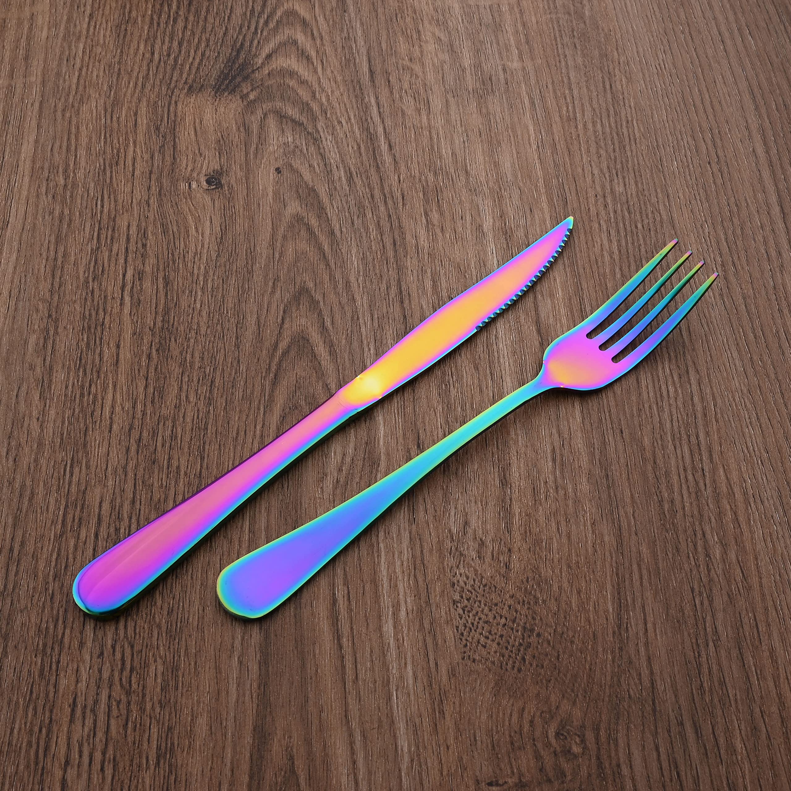 Rainbow Steak Knives Set of 10 - Premium Mirror Polished Stainless Steel Kitchen Cutlery - Straight Edge & Serrated Dinner Knives for Steak, Dessert, Fruits & Bread - Dishwasher Safe - Perfect for Home Dining, BBQ Parties & Restaurant Use