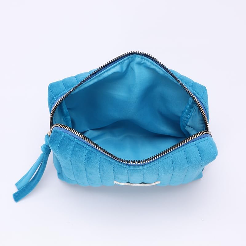 Quilted Small Makeup Bag for Women & Girls - Solid Color Zippered Toiletry Pouch | Blue Lagoon Cosmetic Organizer | Perfect for Travel, Gym & Daily Essentials Storage
