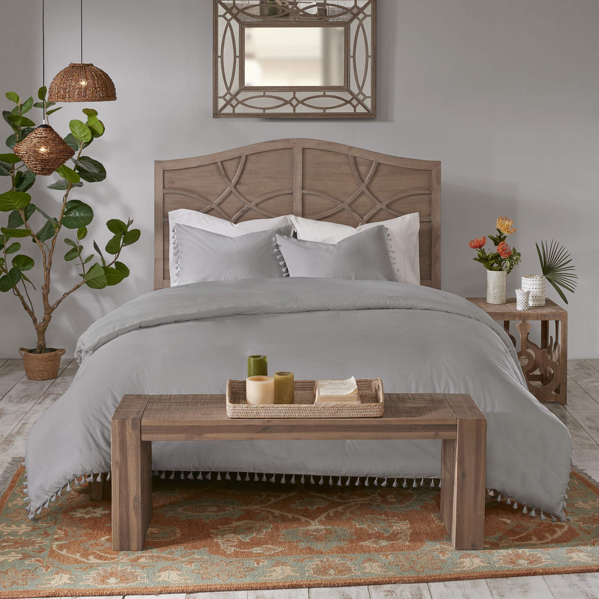 Madison Park Lillian 100% Cotton Duvet Cover Set - Bohemian Fringe Tassel Trim, Shabby Chic All Season King/Cal King (104x92 Inches) 3-Piece Bedding in Grey - Perfect for Master Bedroom, Guest Room & Bohemian Style Home Decor