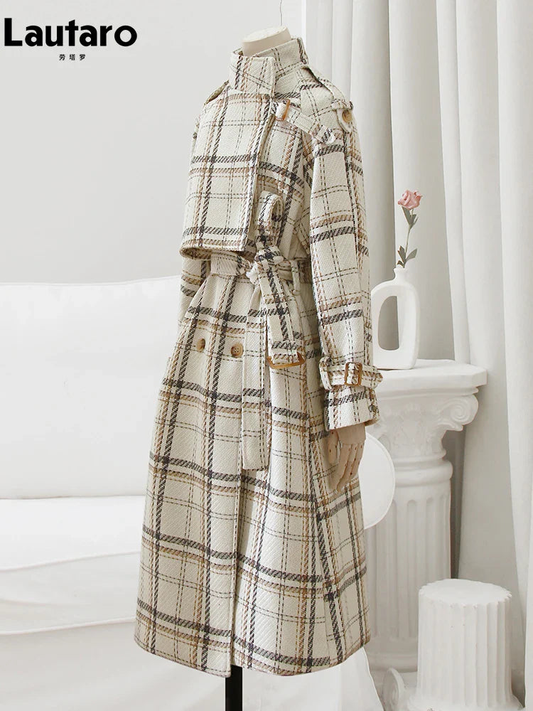 Women's Autumn Winter Long Loose Warm Plaid Wool Blend Trench Coat - Raglan Sleeve, Belted Double Breasted Wool Overcoat for Office, Travel & Casual Wear