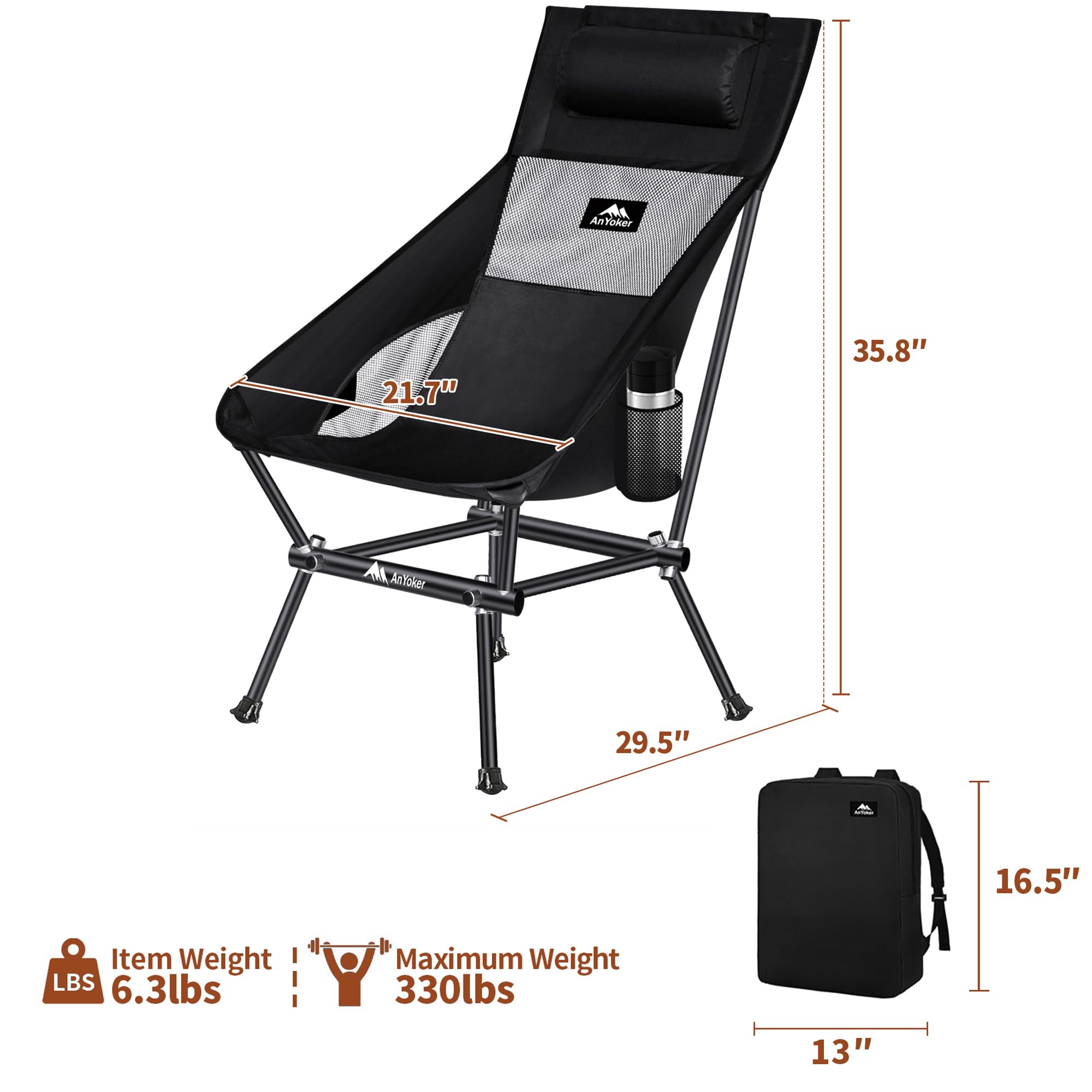 Compact Portable Folding Camping Chair with Side Pocket & Headrest - Lightweight Backpacking, Hiking & Beach Chair for Outdoor Adventures (166ZZ-A) - Perfect for Camping Trips, Picnics, Beach Days and Backyard Relaxation