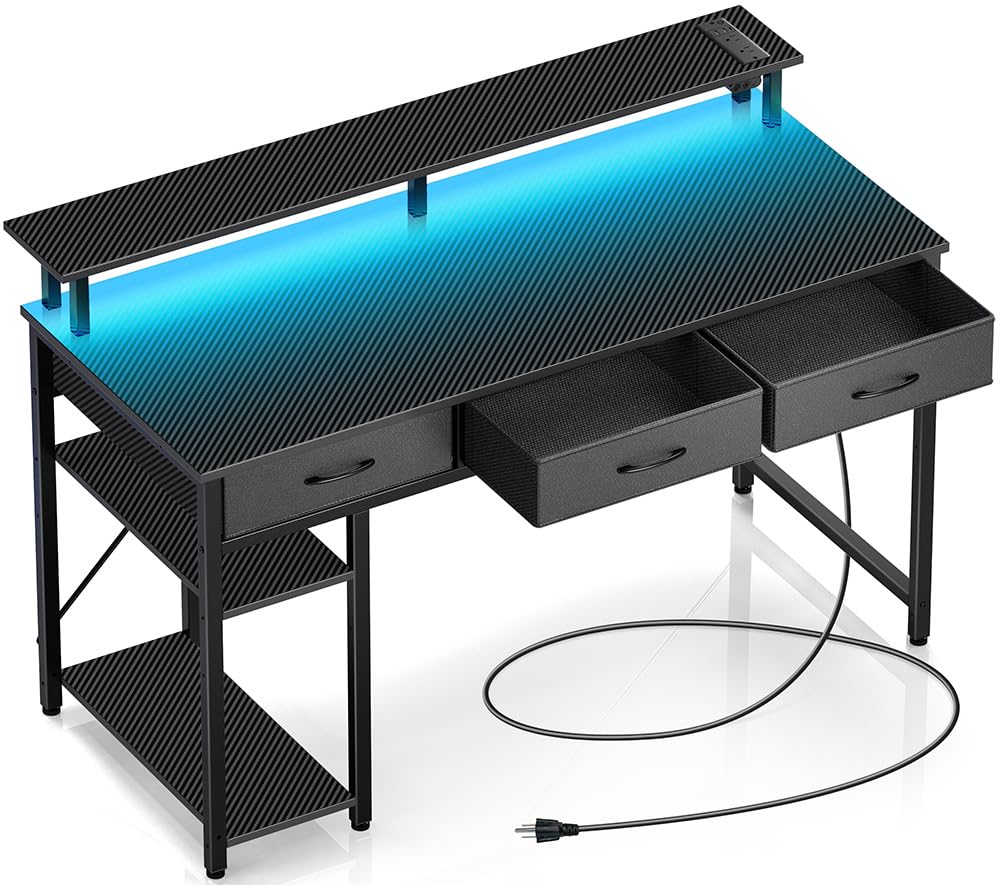Rolanstar 47-inch Modern Computer Desk with Power Outlets, LED Light & Storage - Home Office Desk with 3 Drawers, Monitor Stand & Shelves - Perfect for Remote Work, Gaming & Study - Carbon Black