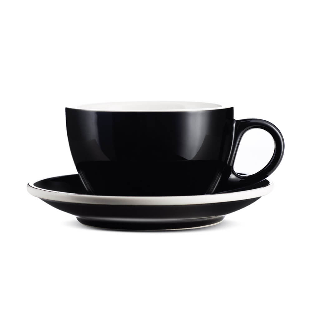 Premium Black Porcelain Latte Cup & Saucer Set - 8oz/252ml Espresso Coffee Cup - Perfect for Home Cafes, Coffee Shops & Gifts