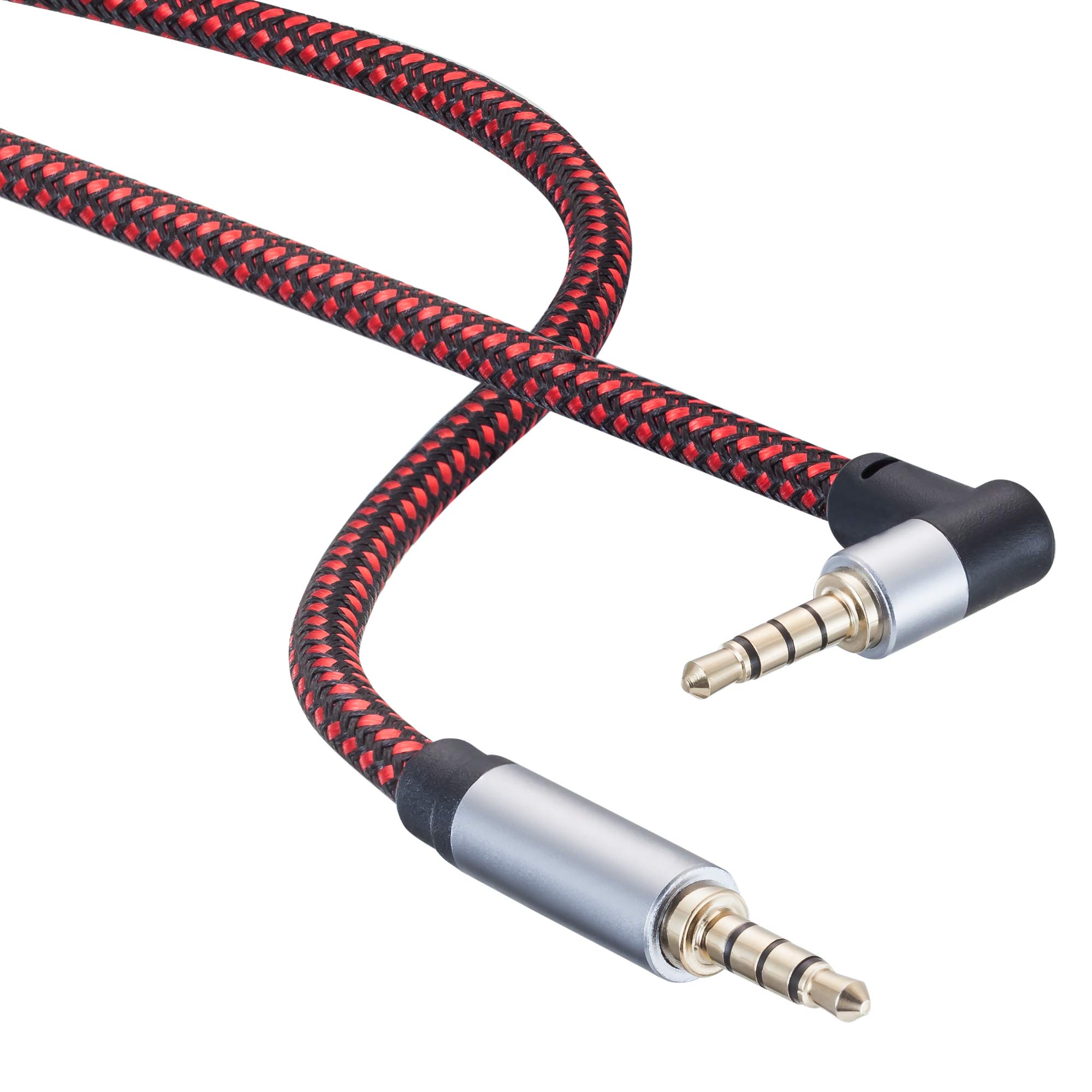 25Ft Male to Male TRRS 3.5mm Audio Cable - 90 Degree Nylon Braided Stereo Auxiliary Cord for Headphones, Gaming Headsets, Smartphones, Tablets, PS4, PC & Laptop - Perfect for Gaming, Music Streaming & Home Theater Systems