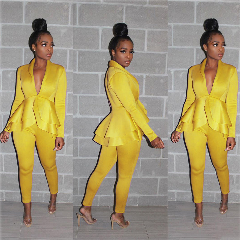 Stylish Solid Color V-Neck Two-Piece Set for Women | Casual & Work Outfits | Perfect for Office, Date Night & Travel