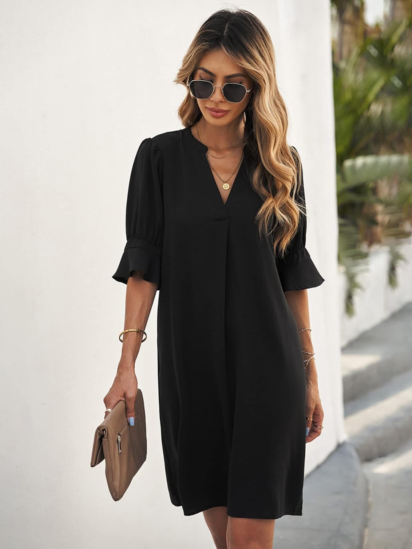 KOLANDA Women's Summer Short Dress 2022 - Flounce Sleeve Tunic with Notched Neck, Cute Mini Party & Beach Dress for Casual Outings, Date Nights, Vacations and Poolside Relaxation