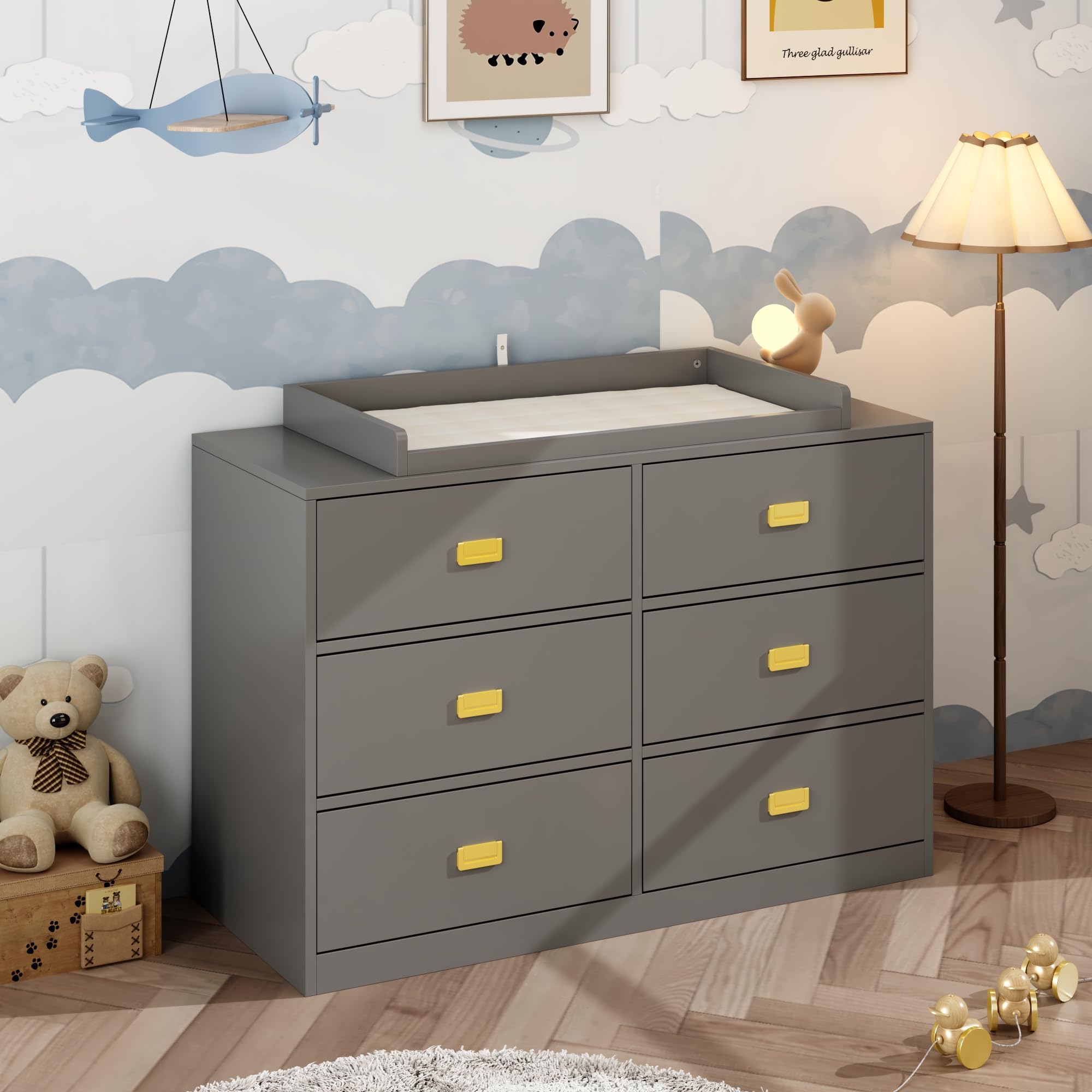 6-Drawer Baby Dresser with Changing Topper - Nursery & Kids Room Storage Organizer for Infant Clothes, Diapers & Essentials - Grey (45.3
