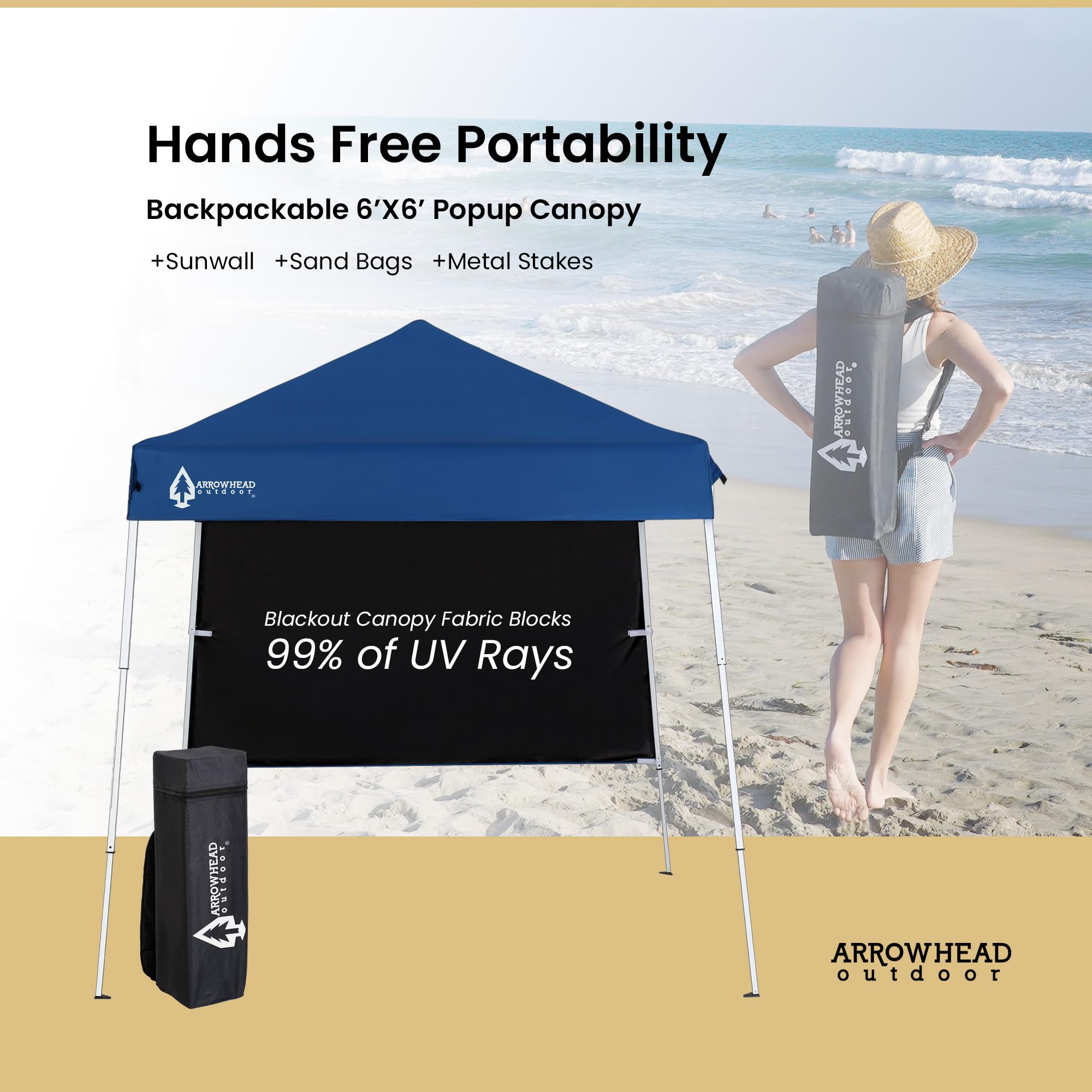 ARROWHEAD OUTDOOR 6'x6' Top / 8'x8' Base Pop-Up Canopy Tent with Sunwall - UV Resistant, Portable Backpack Design, Includes Sand Bags, Guide Ropes & Ground Stakes - Perfect for Beach, Camping, Backyard Parties & Outdoor Events (Blue)