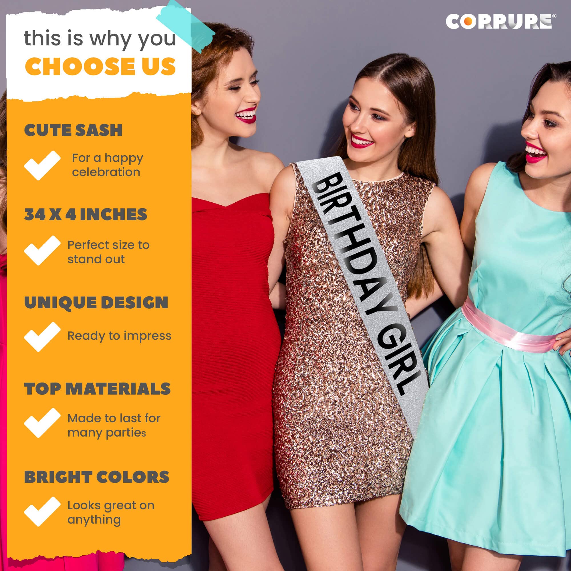 Glitter Birthday Sash for Women - CORRURE 'Birthday Girl' Black Foil & Silver Glitter Party Sash - Sweet 16, 18th, 21st, 30th, 40th Birthday Decorations - Perfect for Bachelorette, Bridal Showers & Special Celebrations